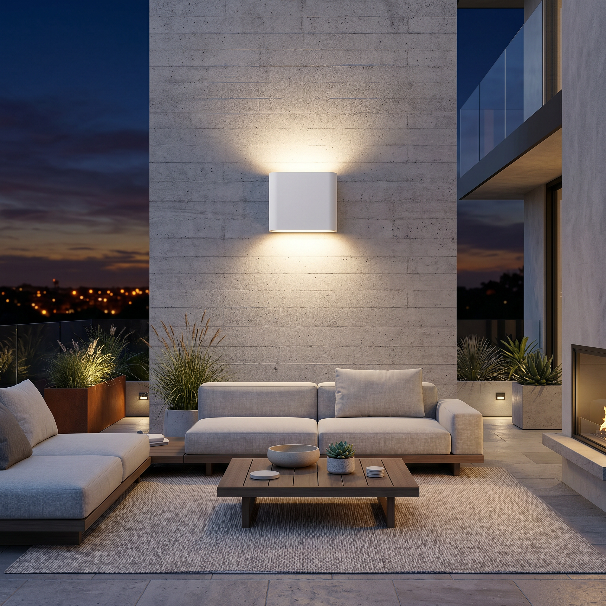 White outdoor wall light on a contemporary patio wall at dusk