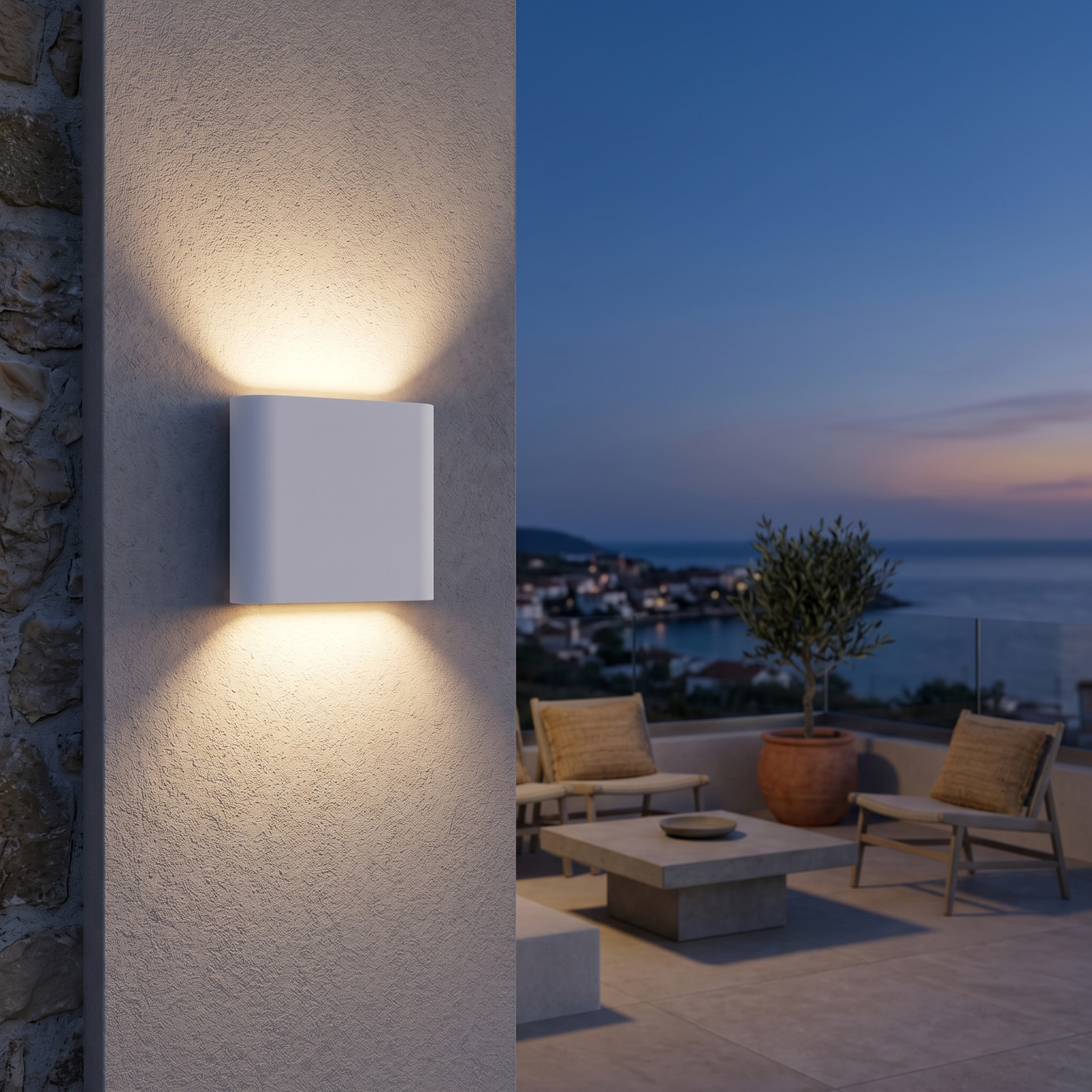 White outdoor wall light on a balcony terrace wall at dusk