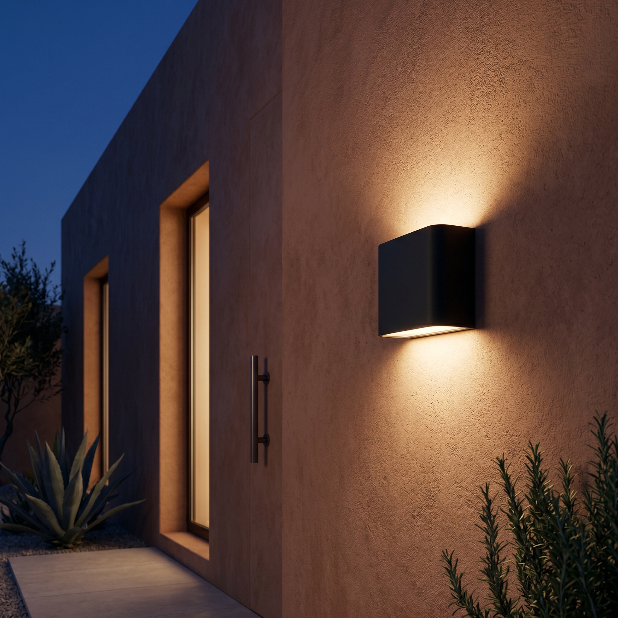 Faro Costiero outdoor wall light glowing warm on a modern Mediterranean facade at dusk