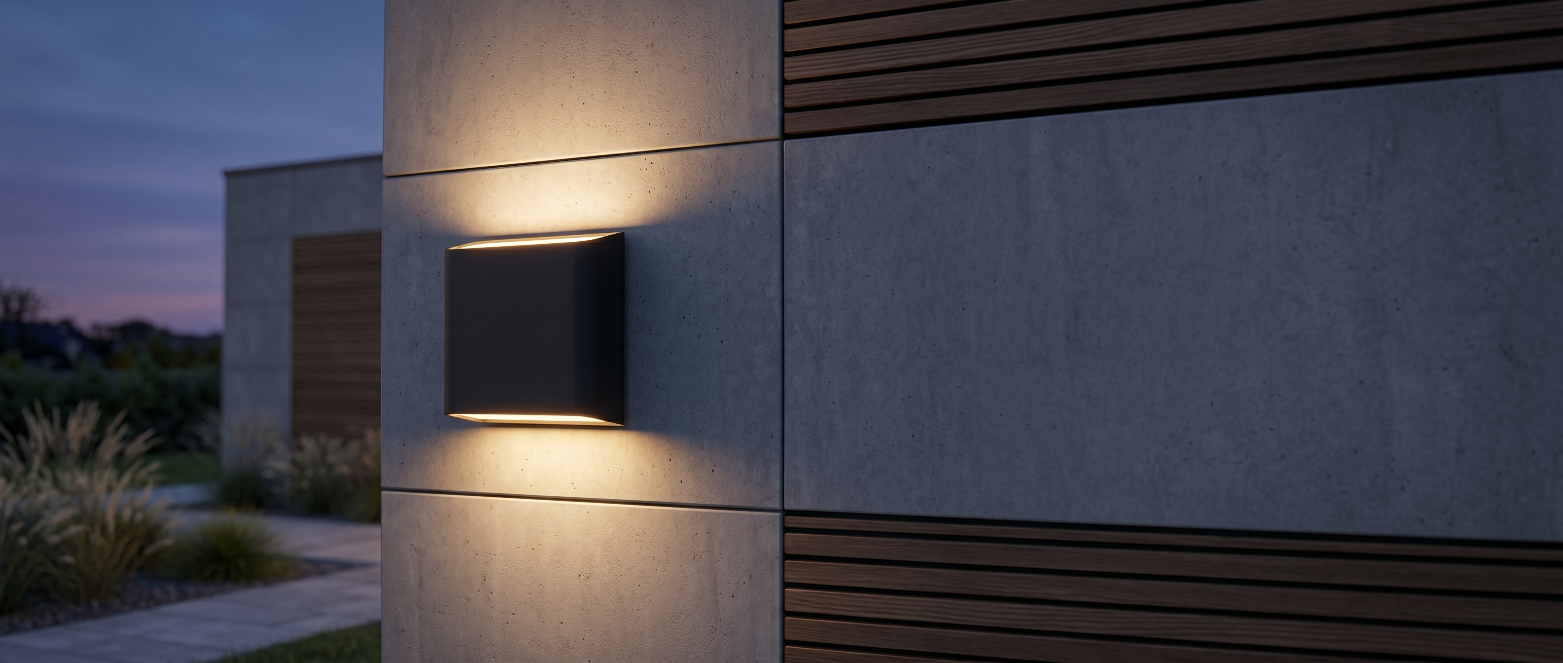 Faro Costiero outdoor wall light glowing on an elegant exterior wall at dusk
