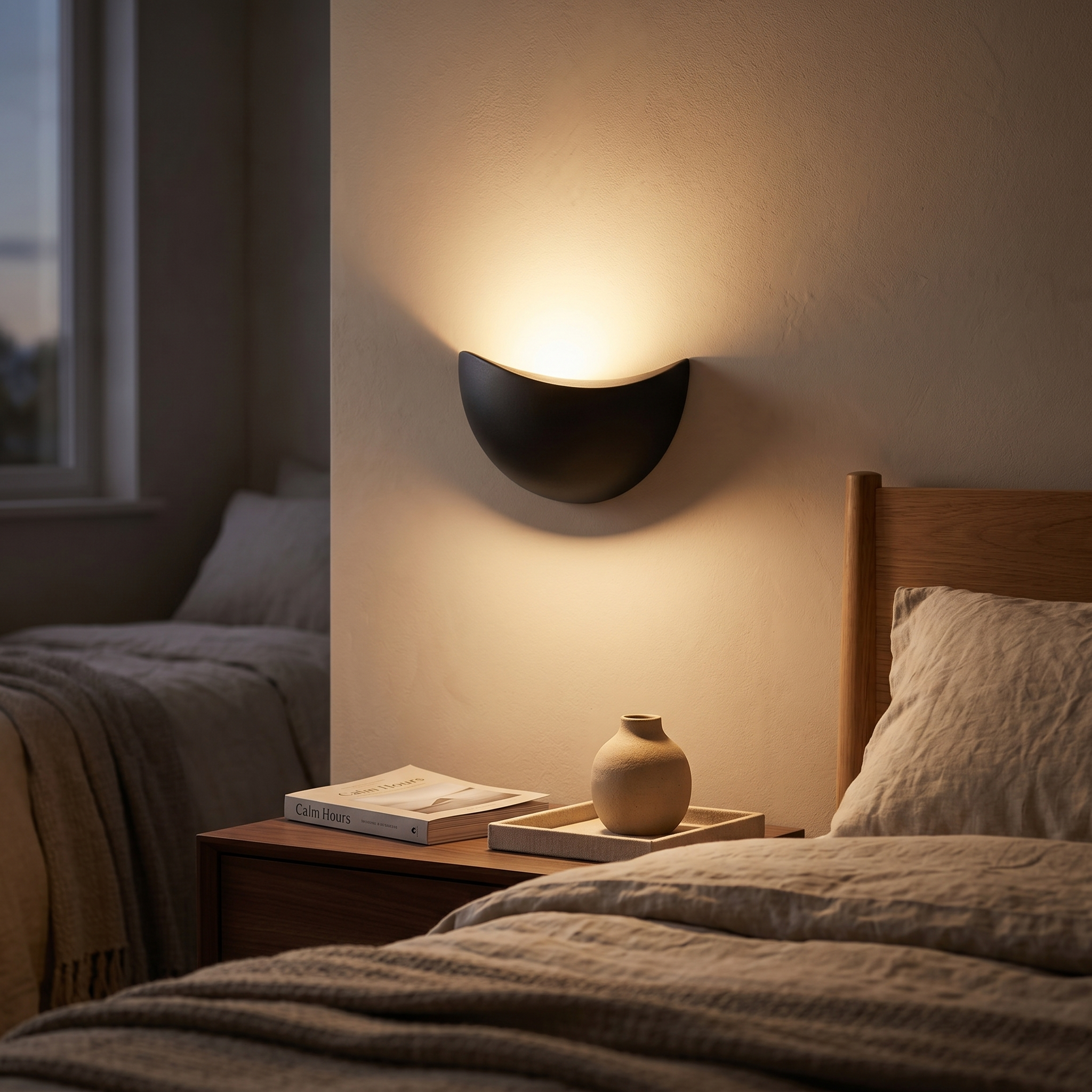 Black half-moon wall sconce glowing warm above a bedside table