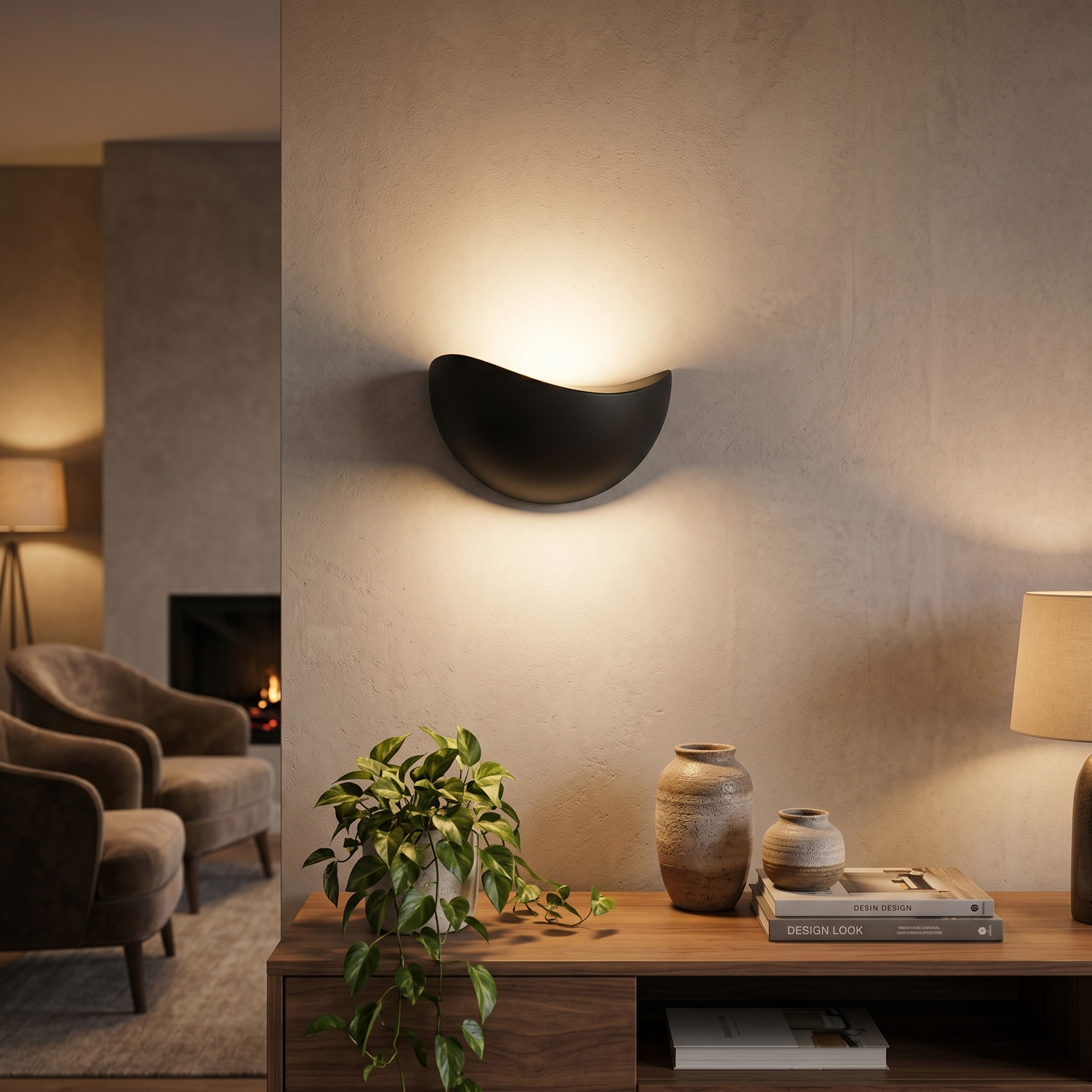 Black half-moon wall sconce on a living room feature wall