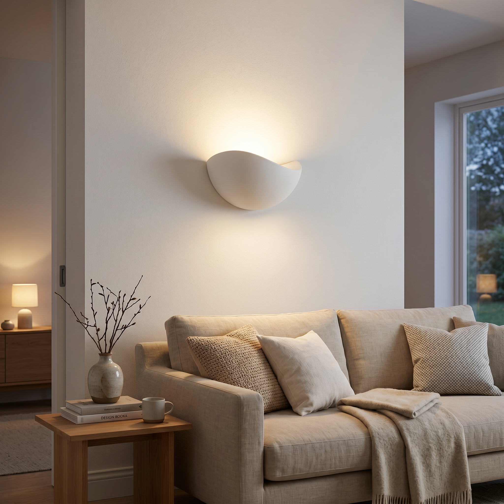 White half-moon wall sconce above a sofa in a bright living room