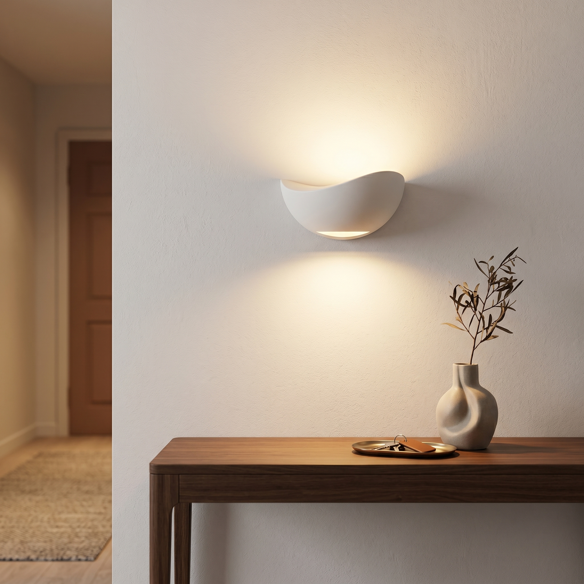 White half-moon wall sconce in an entry hallway above a console