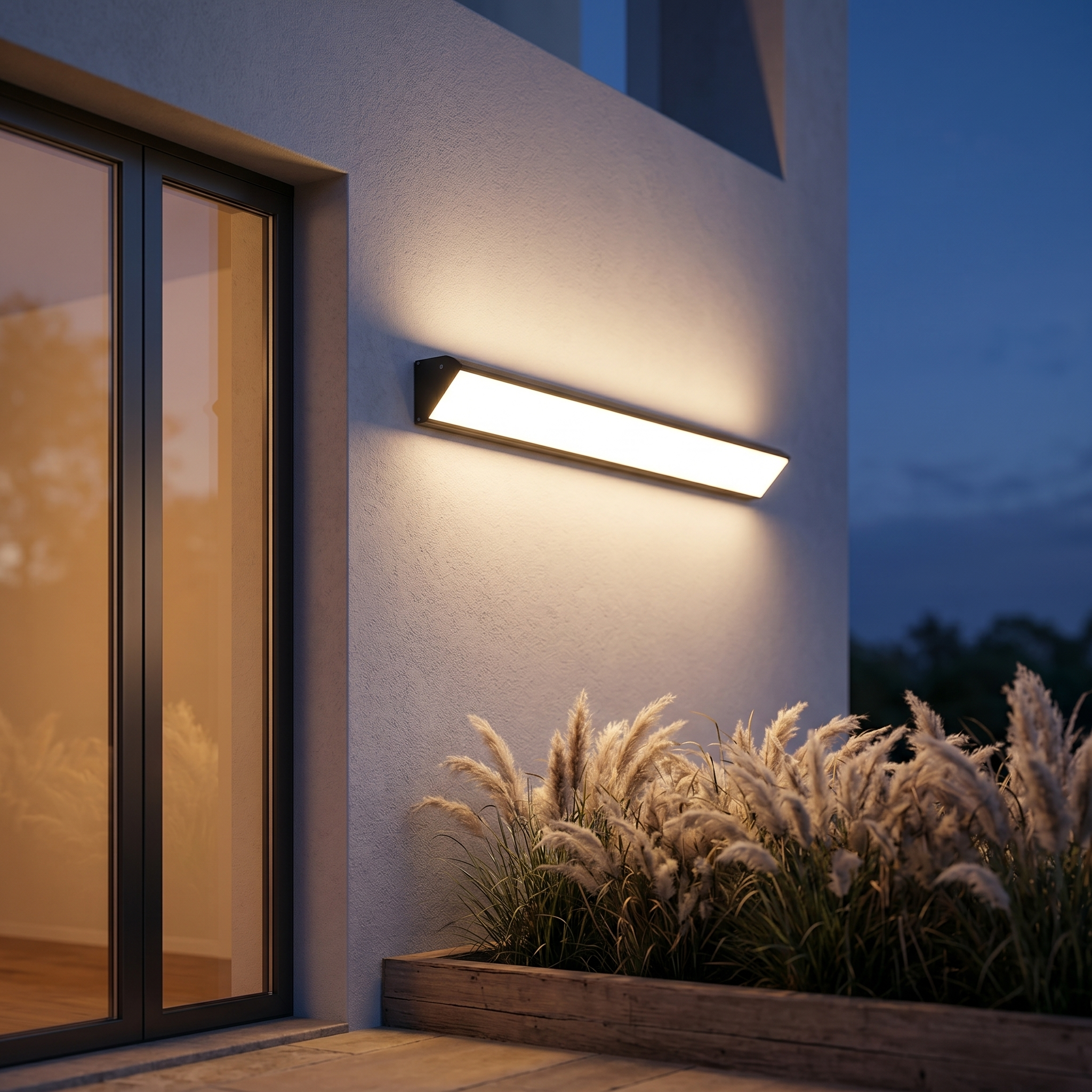 Sentinella black wall light on a modern Italian villa facade at dusk
