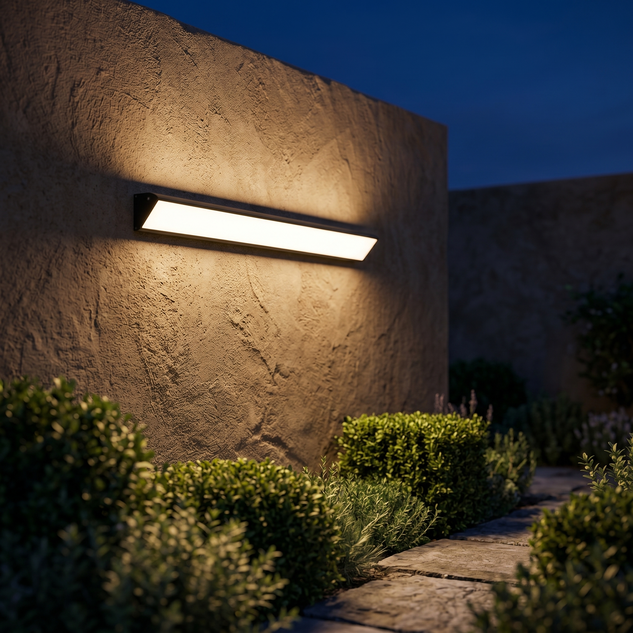 Sentinella black wall light on a Mediterranean garden wall at twilight