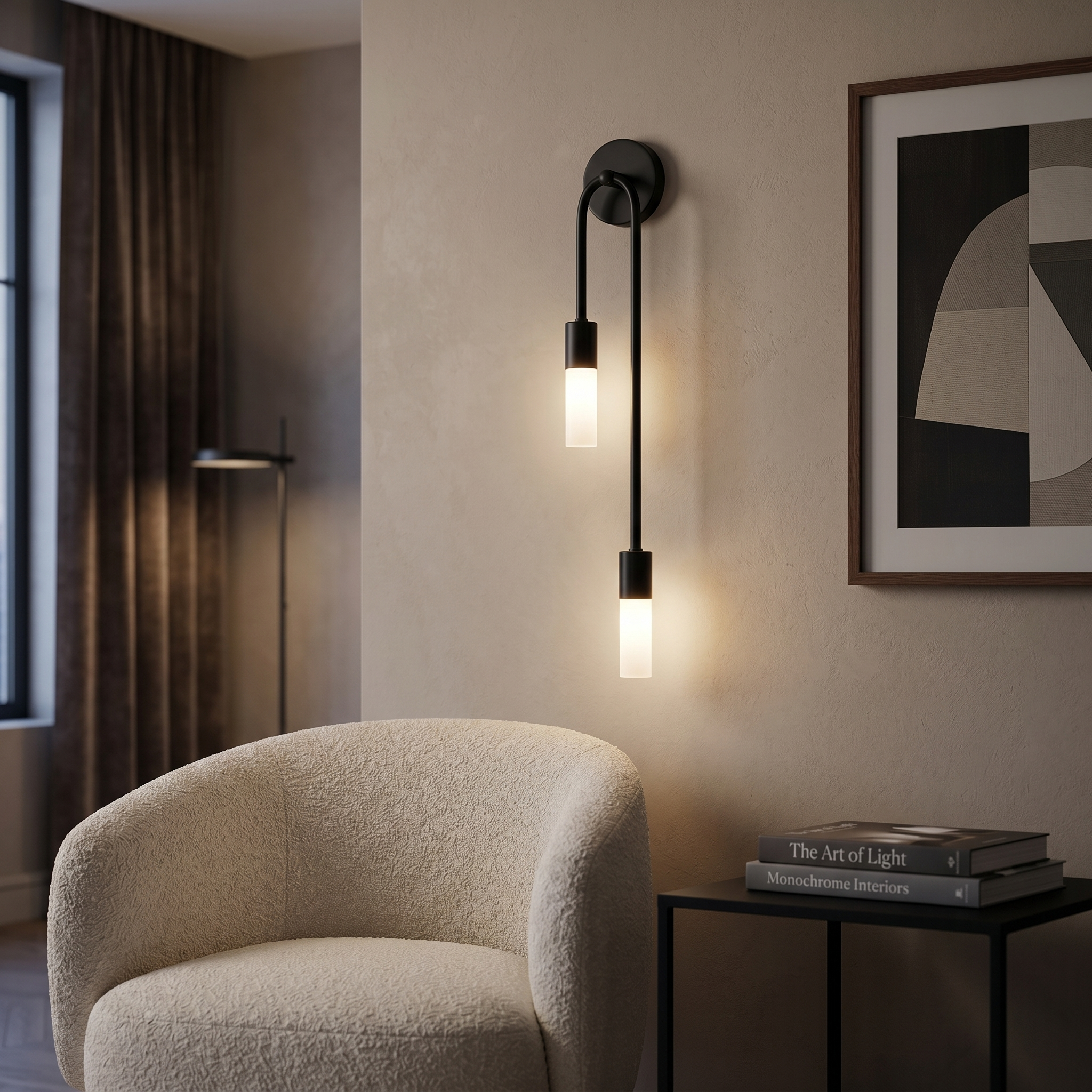 Carezza Luminosa black wall sconce in a refined living room at dusk