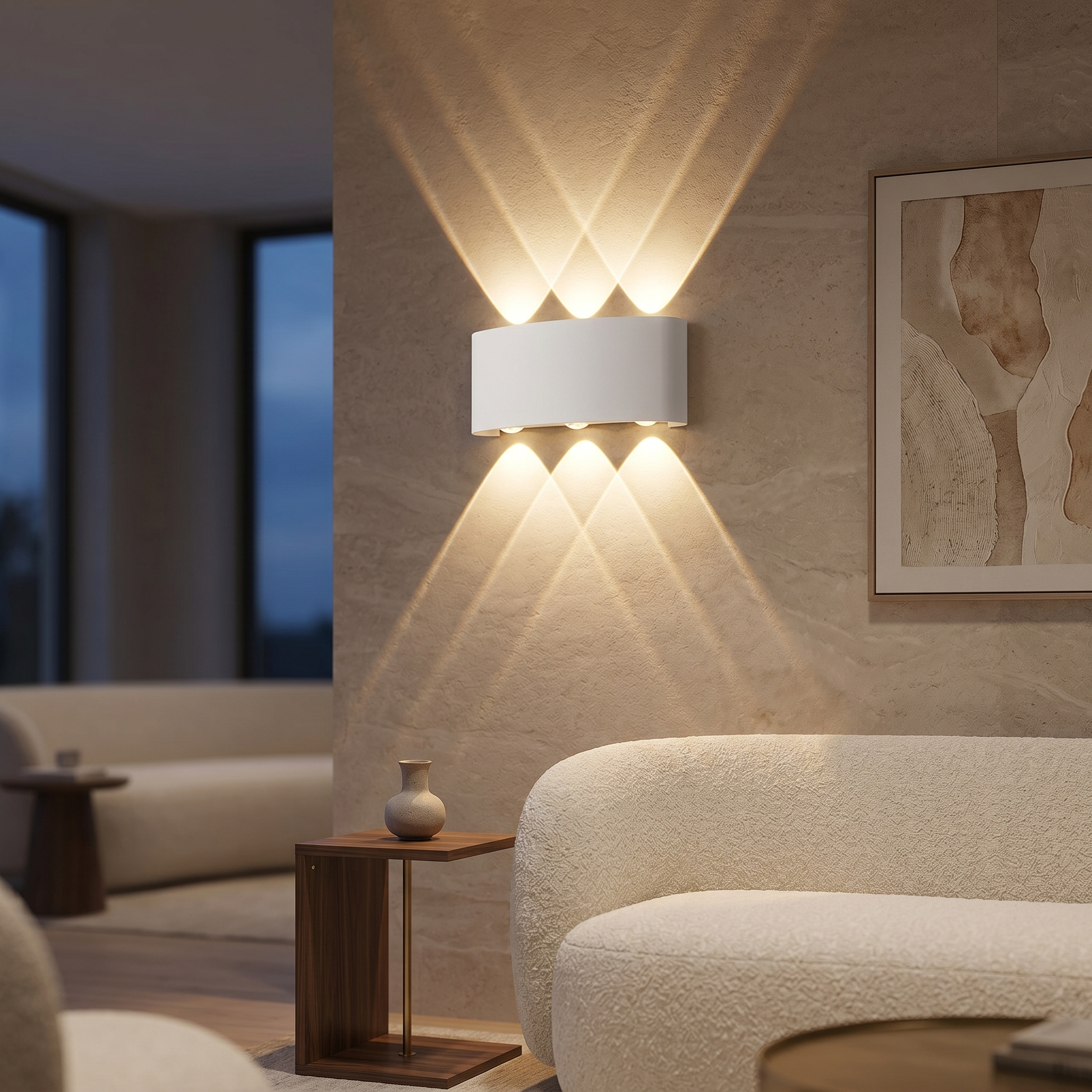 Aura Soffusa white wall light with warm beams in a refined living room