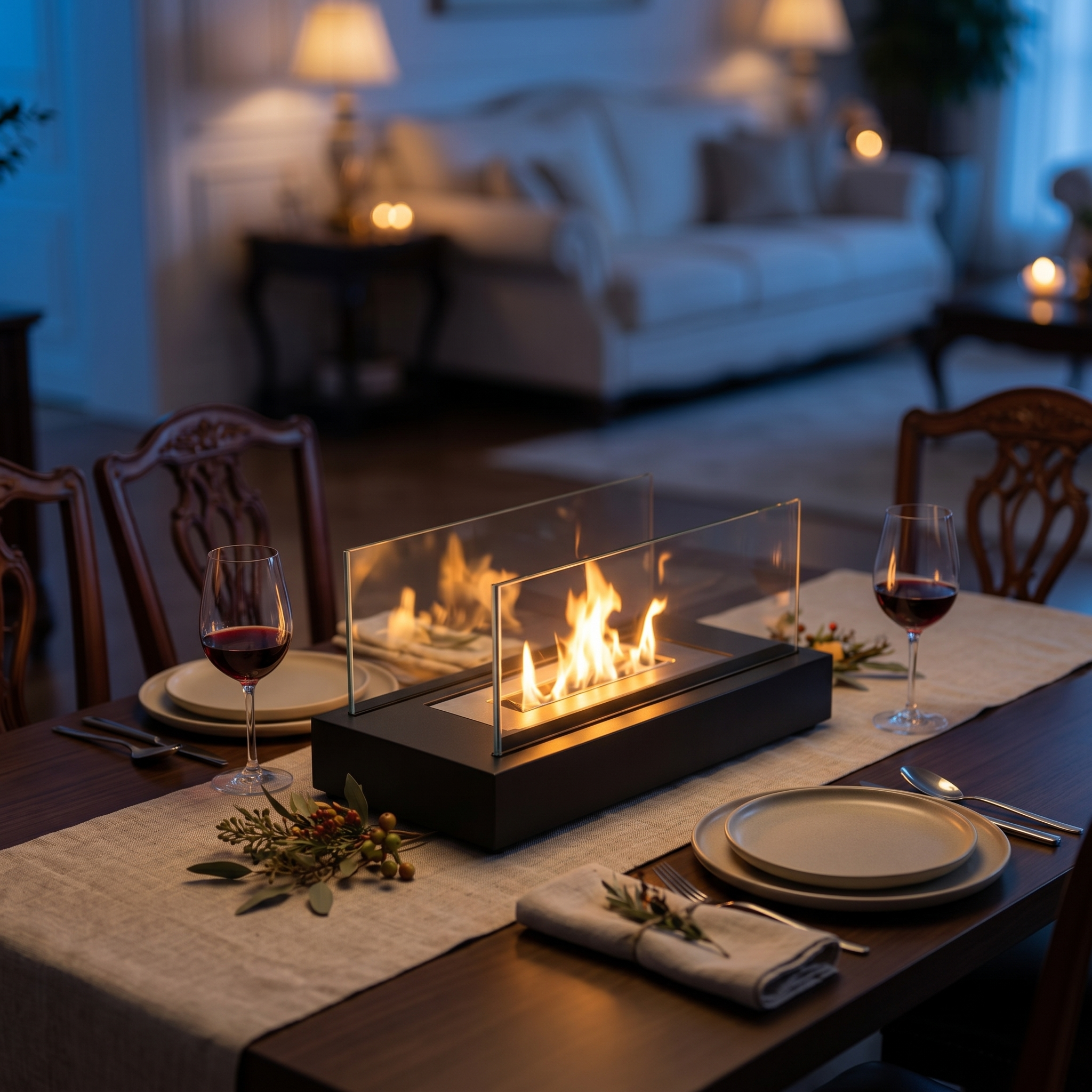 Lume Vivo fire pit with real flame on an intimate candlelit dining table