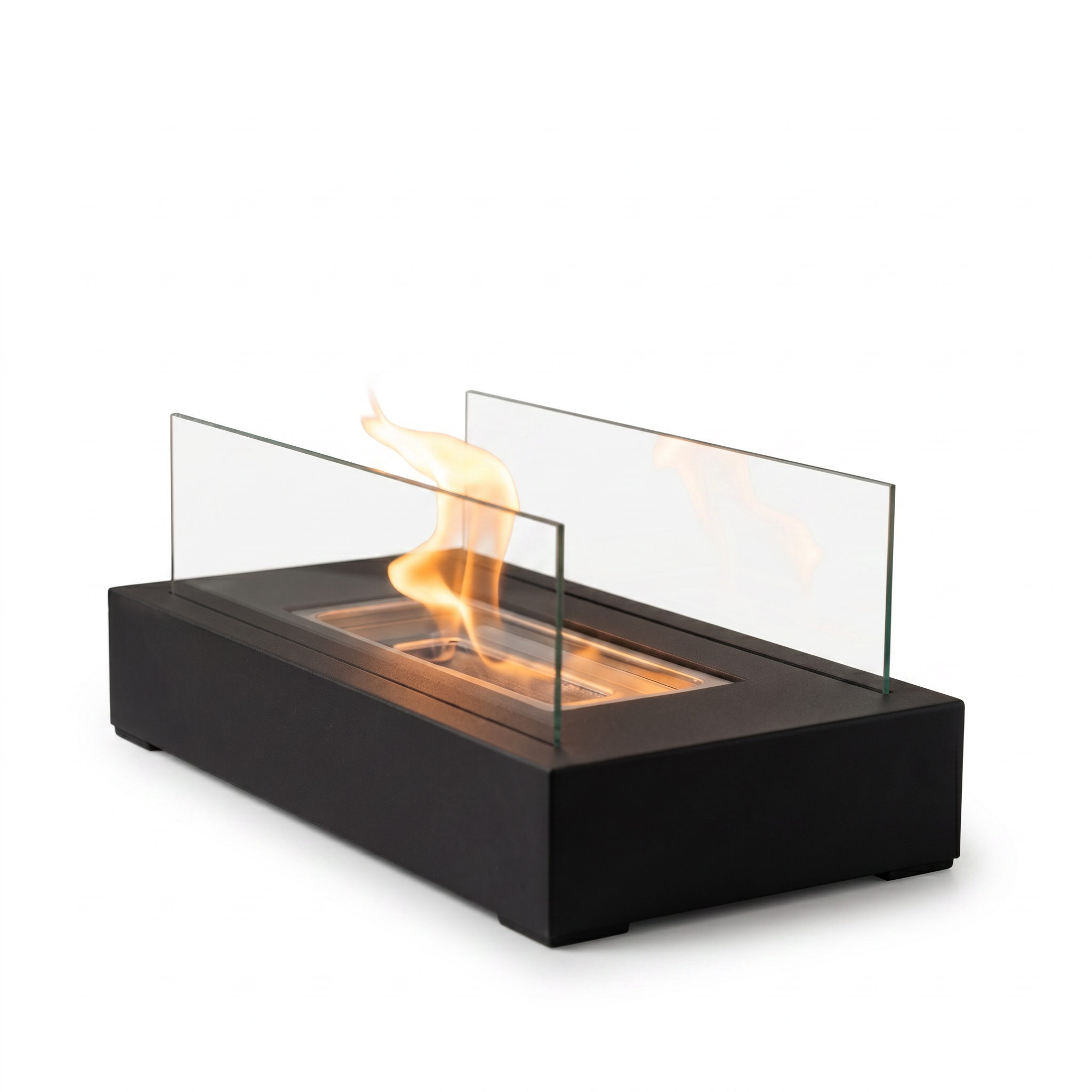 Lume Vivo tabletop bioethanol fire pit in black, studio hero with real flame