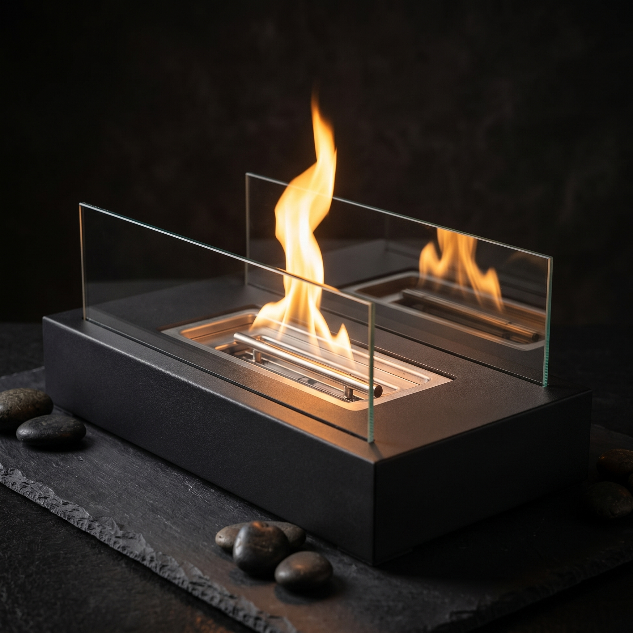 Lume Vivo fire pit close-up detail showing flame, glass panels and black steel