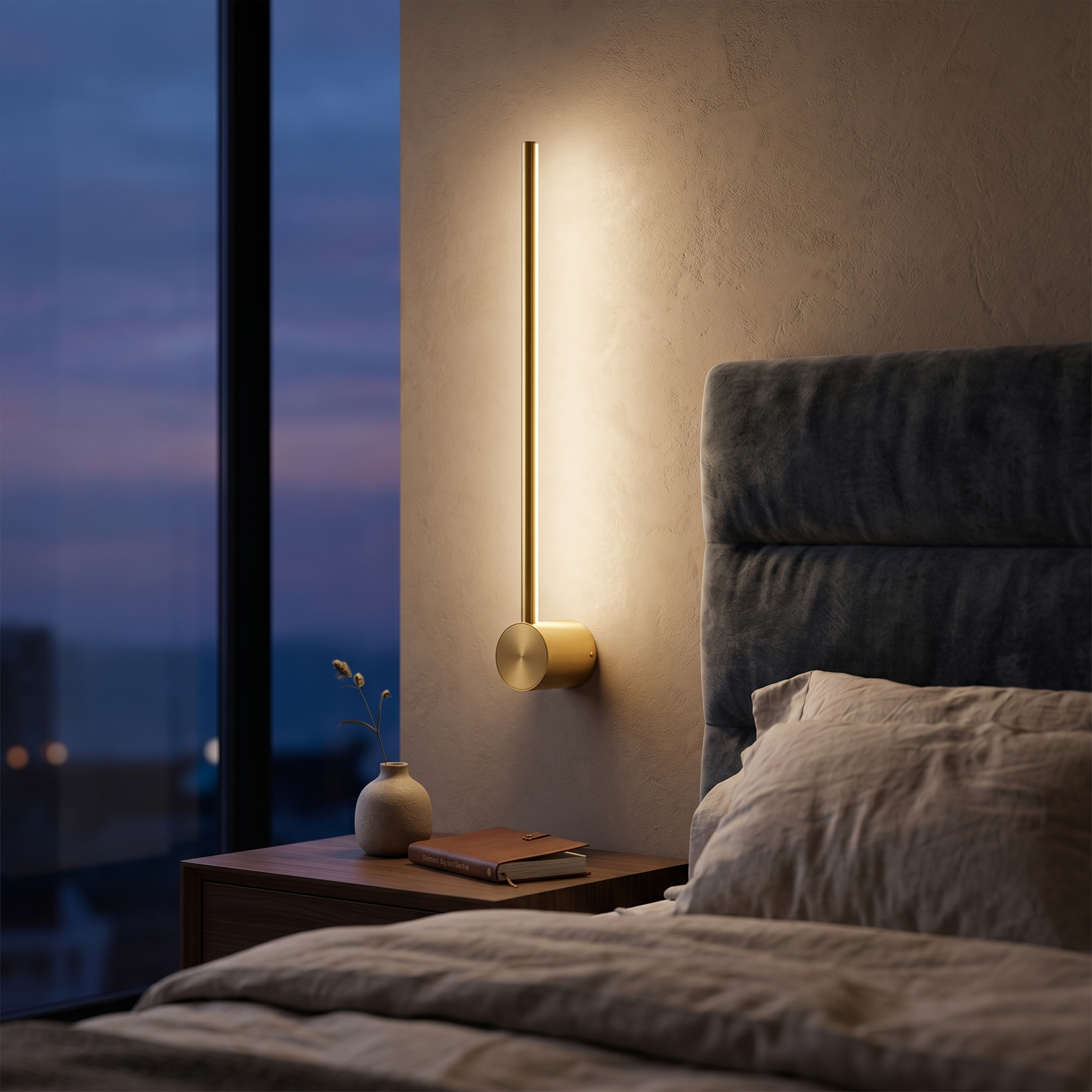 Filo di Luce golden linear sconce beside a bed in a serene dusk bedroom