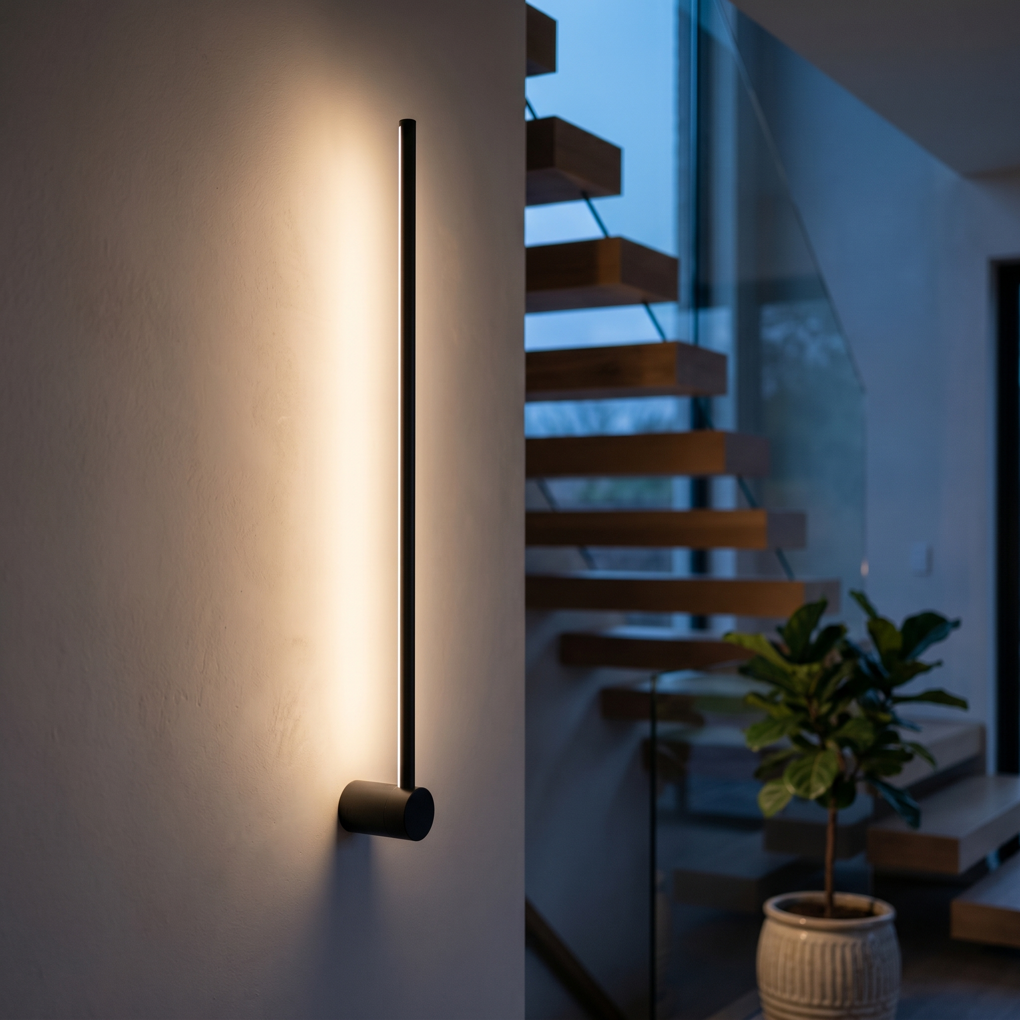 Filo di Luce black linear sconce beside a modern staircase