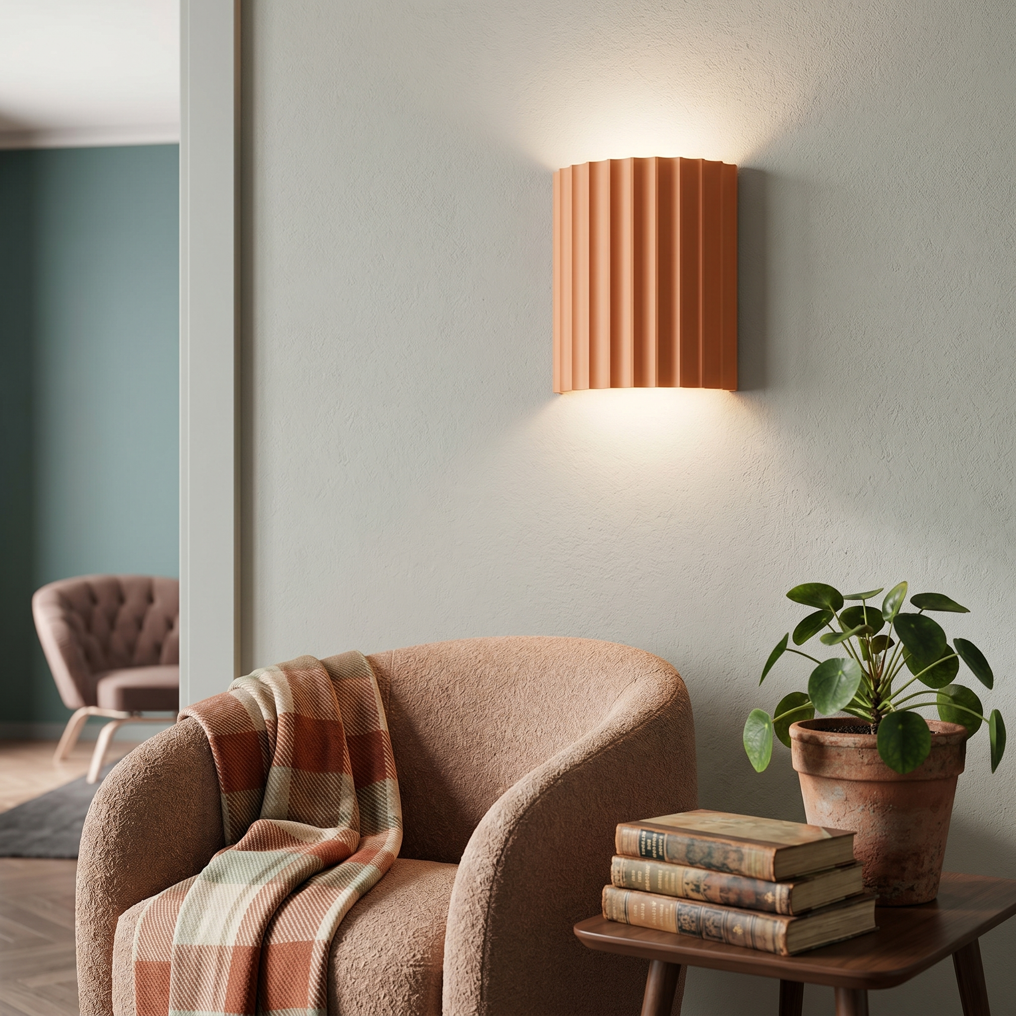 Conchiglia orange pleated wall lamp in a cozy reading nook
