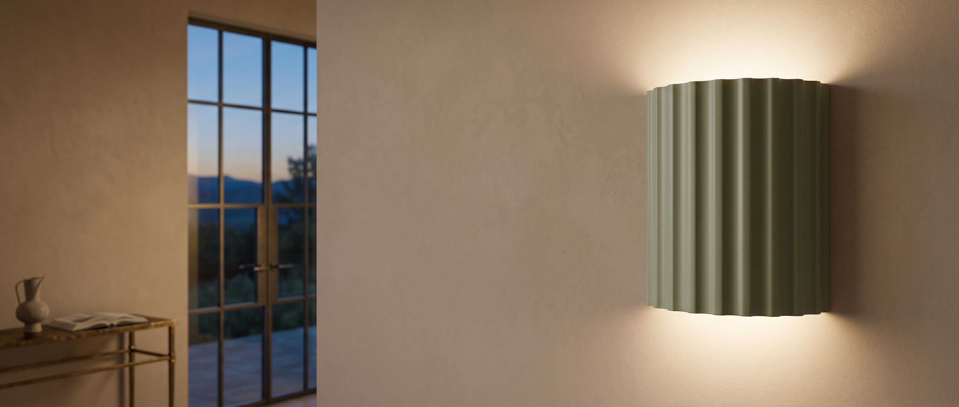 Conchiglia pleated resin wall lamp banner — green sconce glowing warm