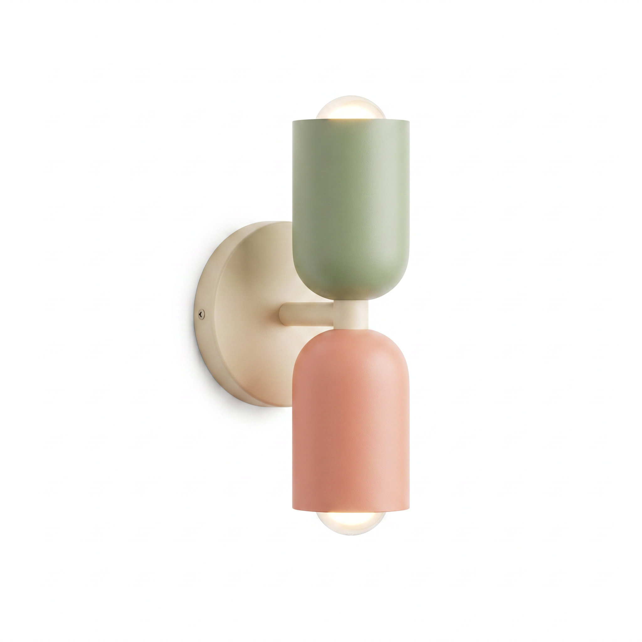 Duetto double-head wall lamp in Green-Pink with beige base, studio hero