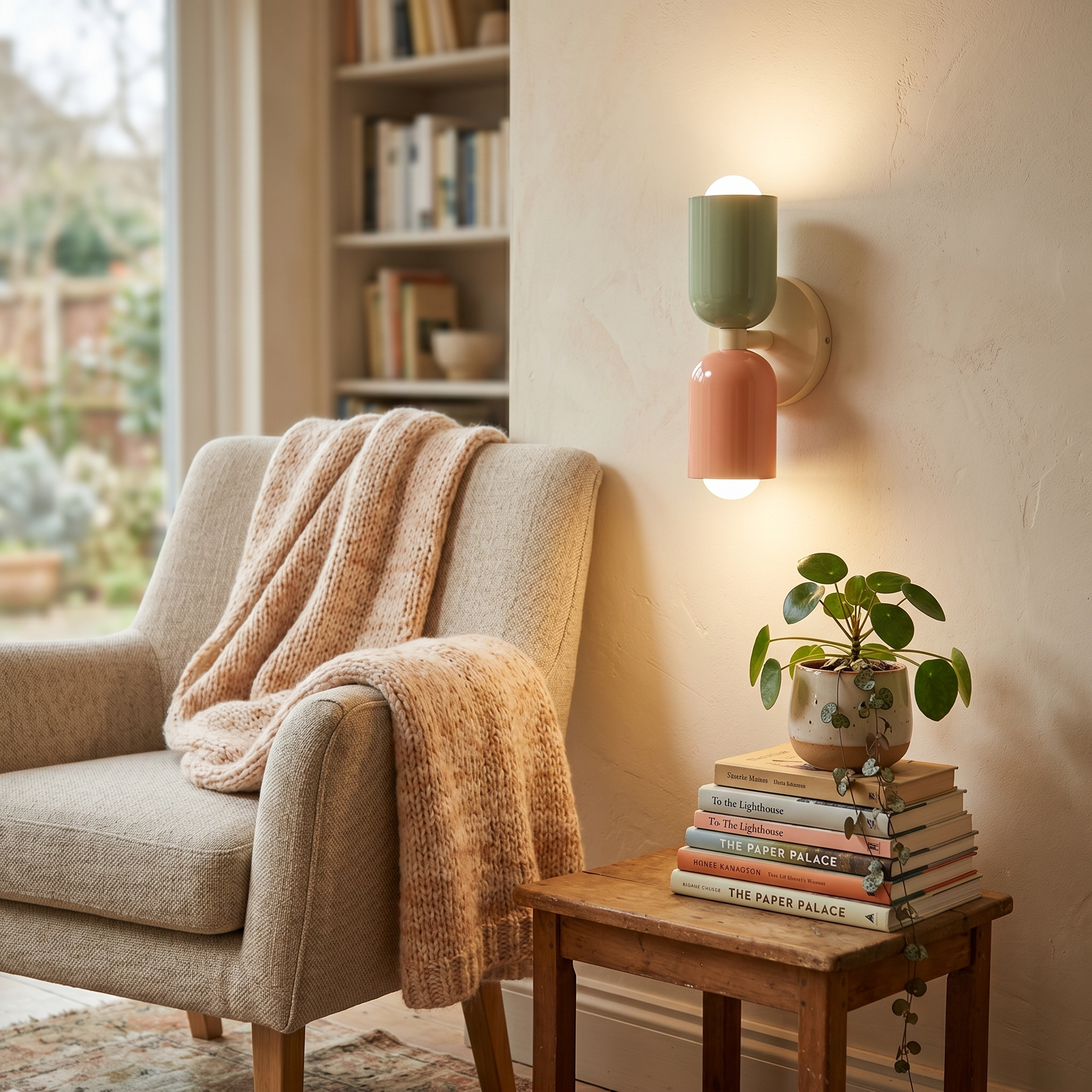 Duetto Green-Pink double-head lamp in a cozy reading nook