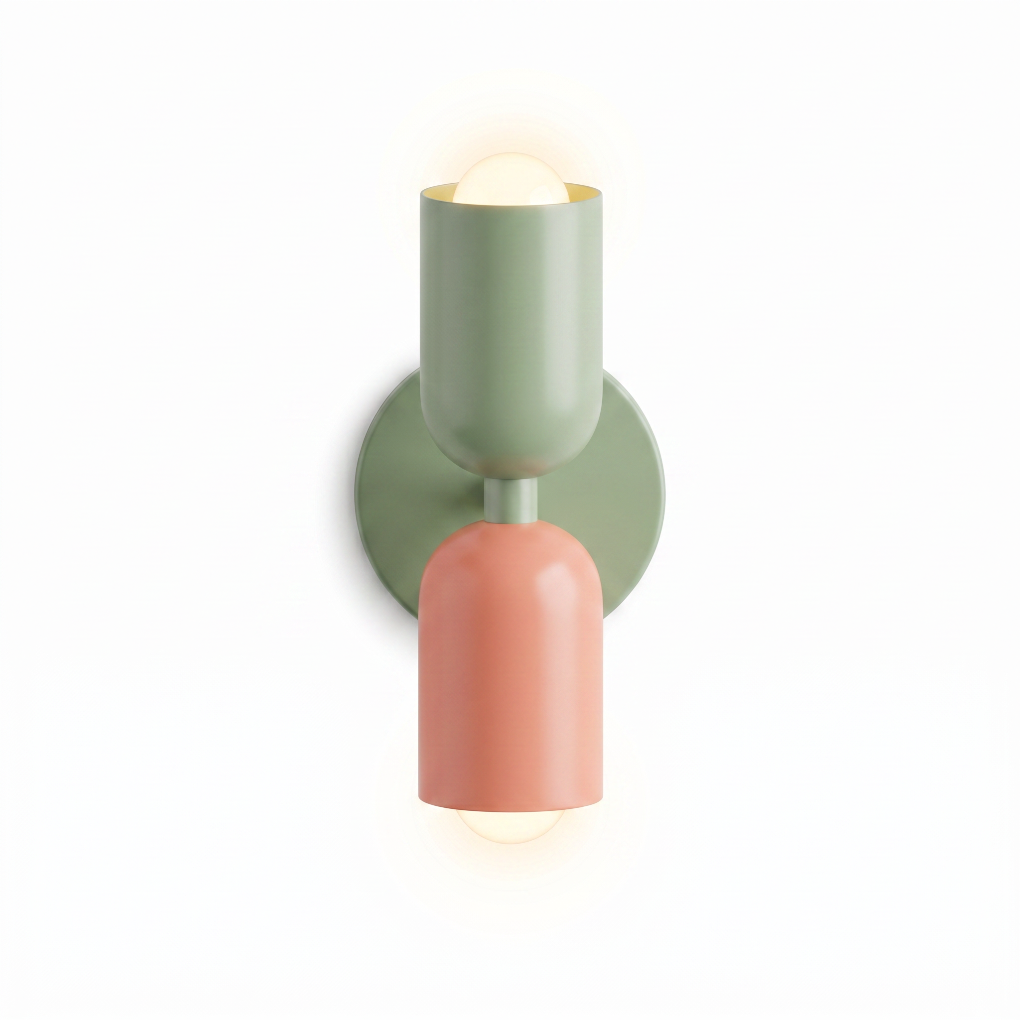 Duetto double-head wall lamp in Green-Pink with green base, studio hero