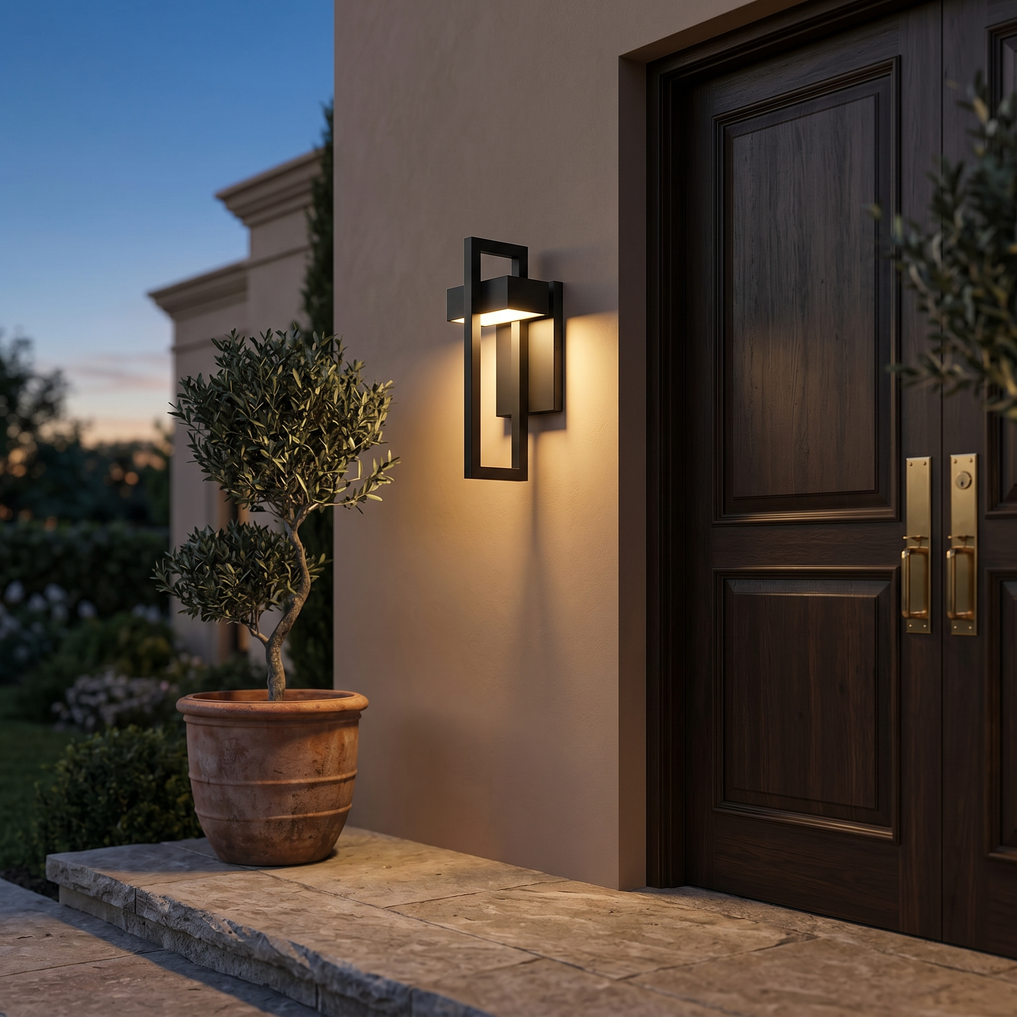 Cornice black outdoor wall light beside a refined entryway at dusk