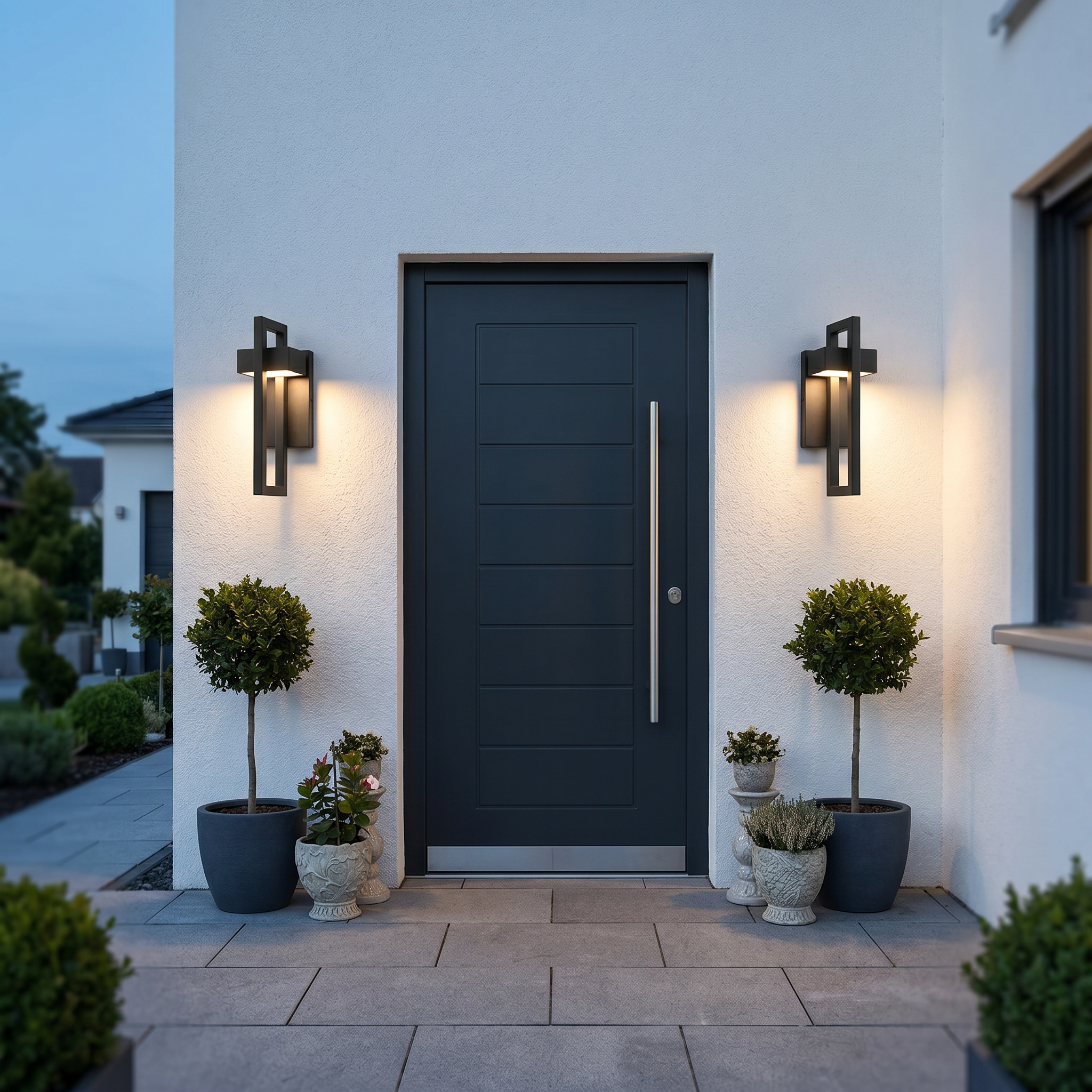 Cornice outdoor wall lights mounted as a pair flanking a modern front door
