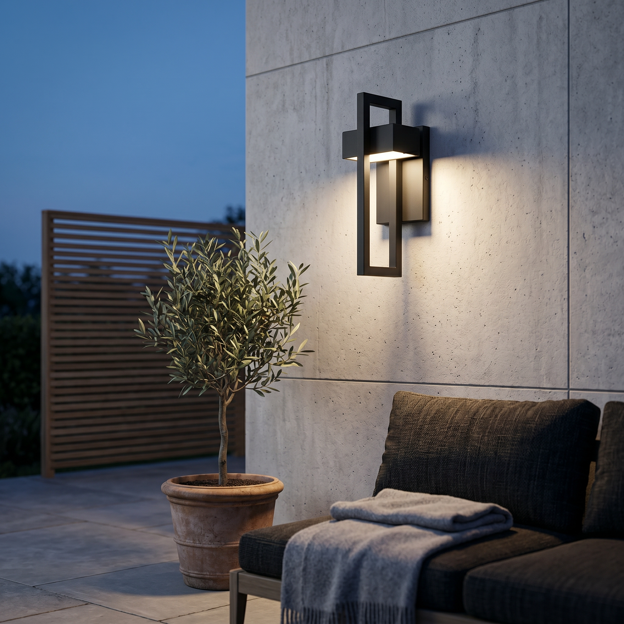 Cornice black outdoor wall light on a contemporary patio at dusk