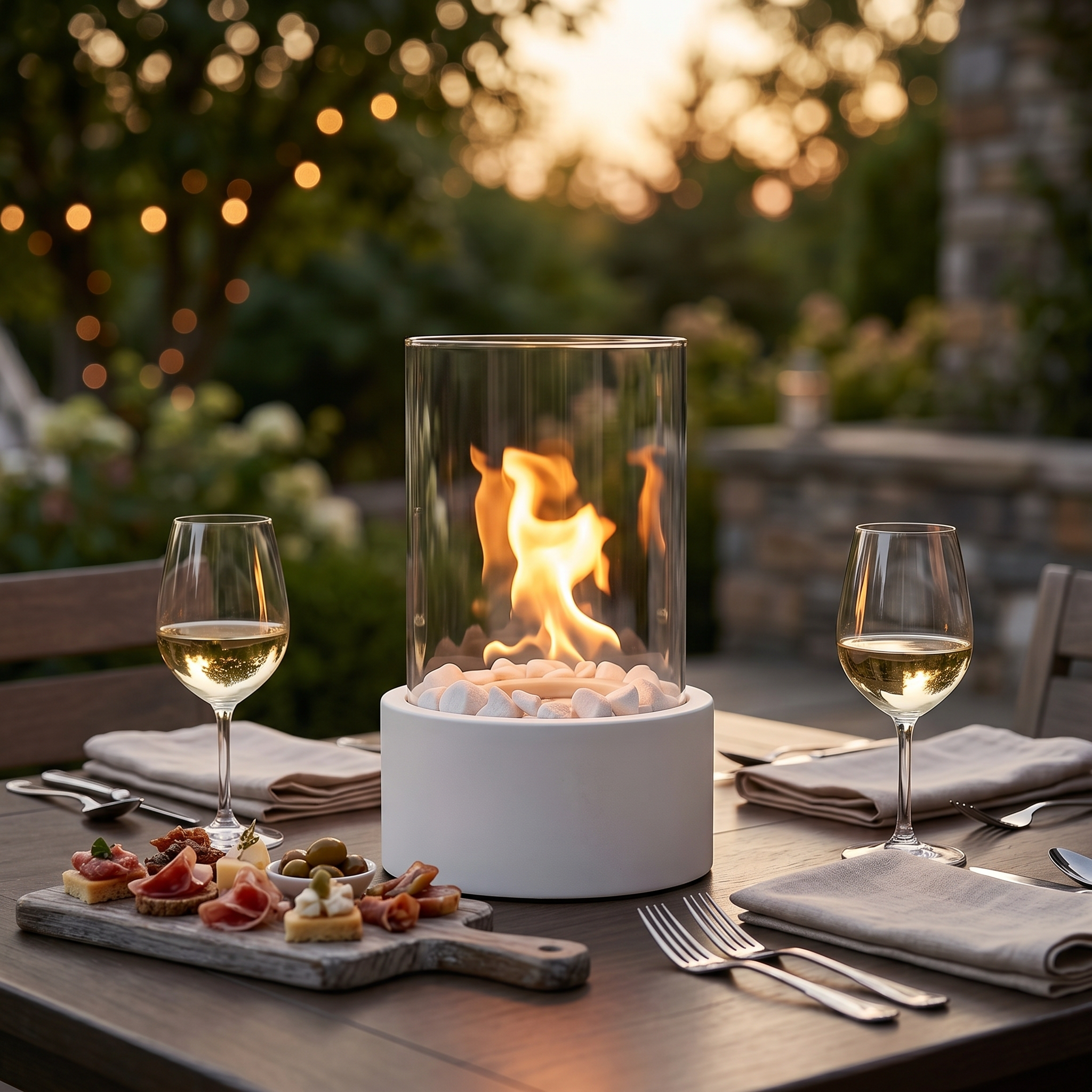 Fiammella White fire pit on an outdoor dining table — lifestyle