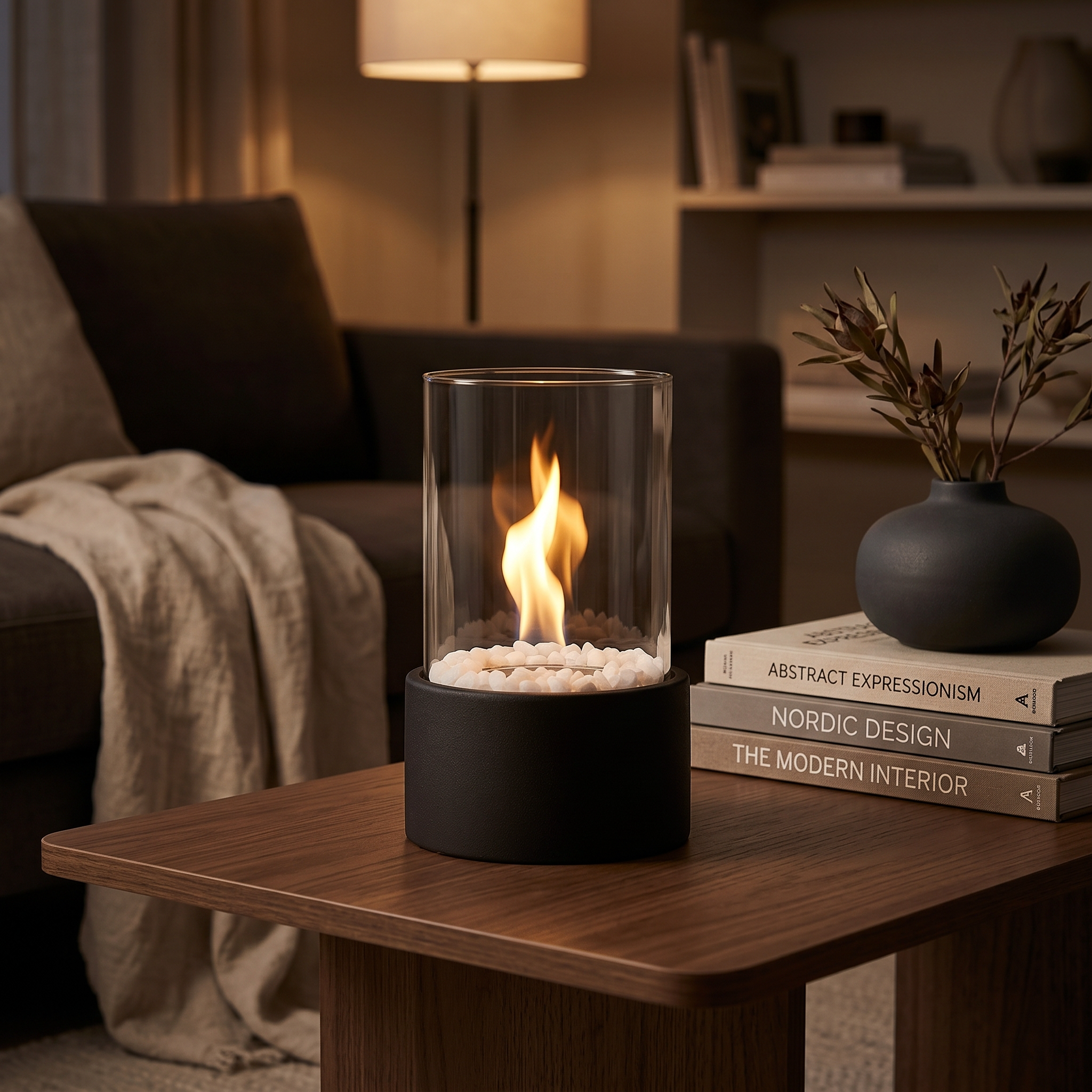 Fiammella Black fire pit on a living-room coffee table — lifestyle