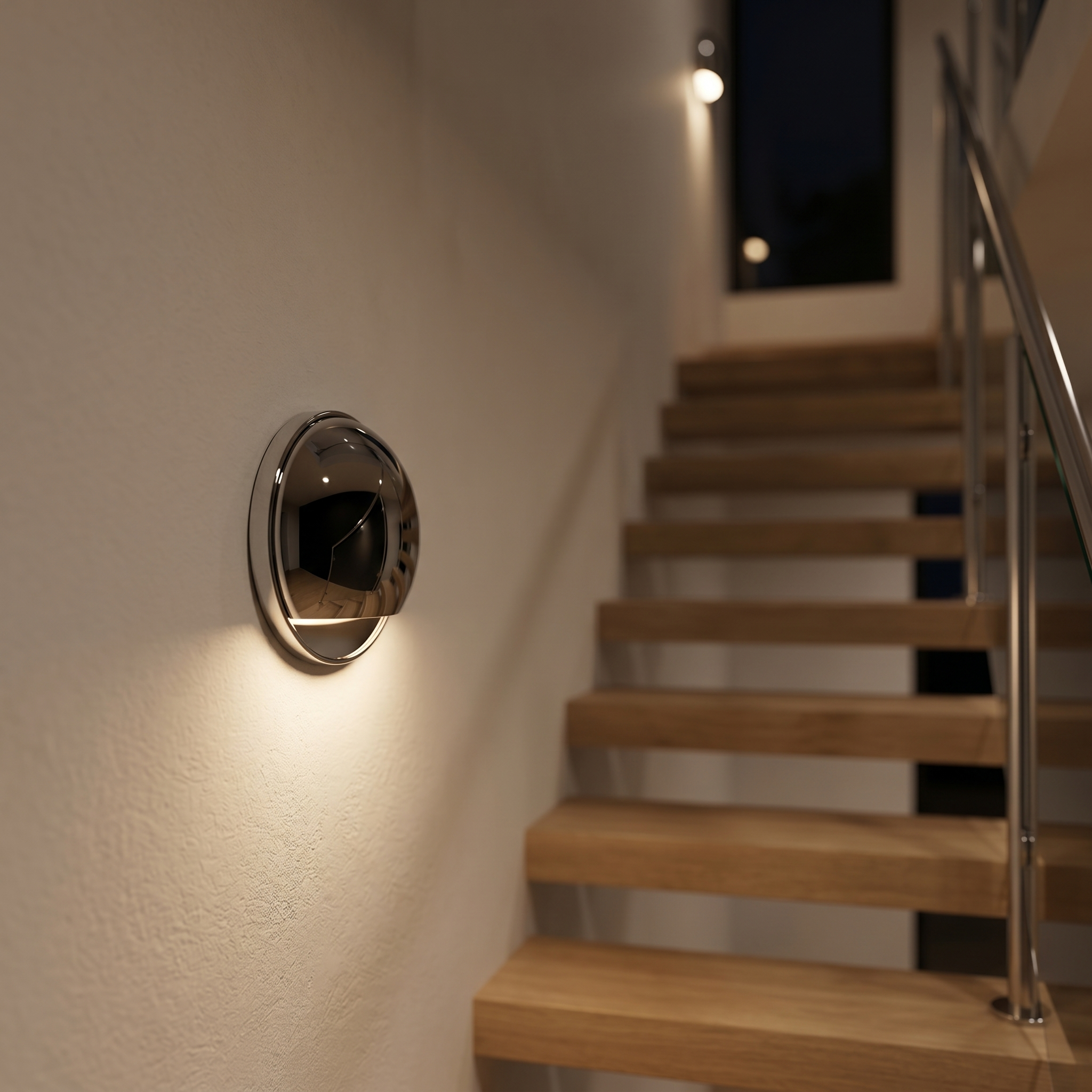 Eclissi Chrome wall light beside a staircase — lifestyle