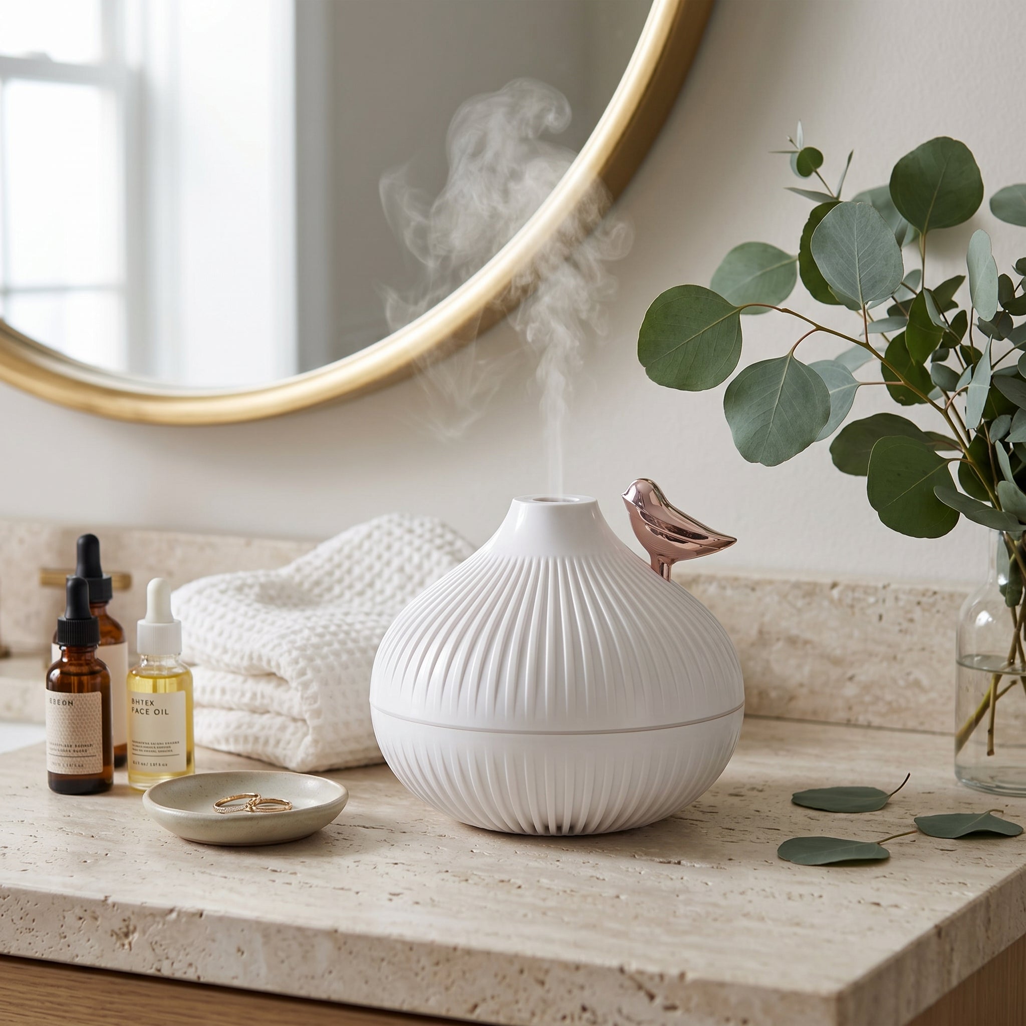Nuvola humidifier on a bathroom vanity — lifestyle