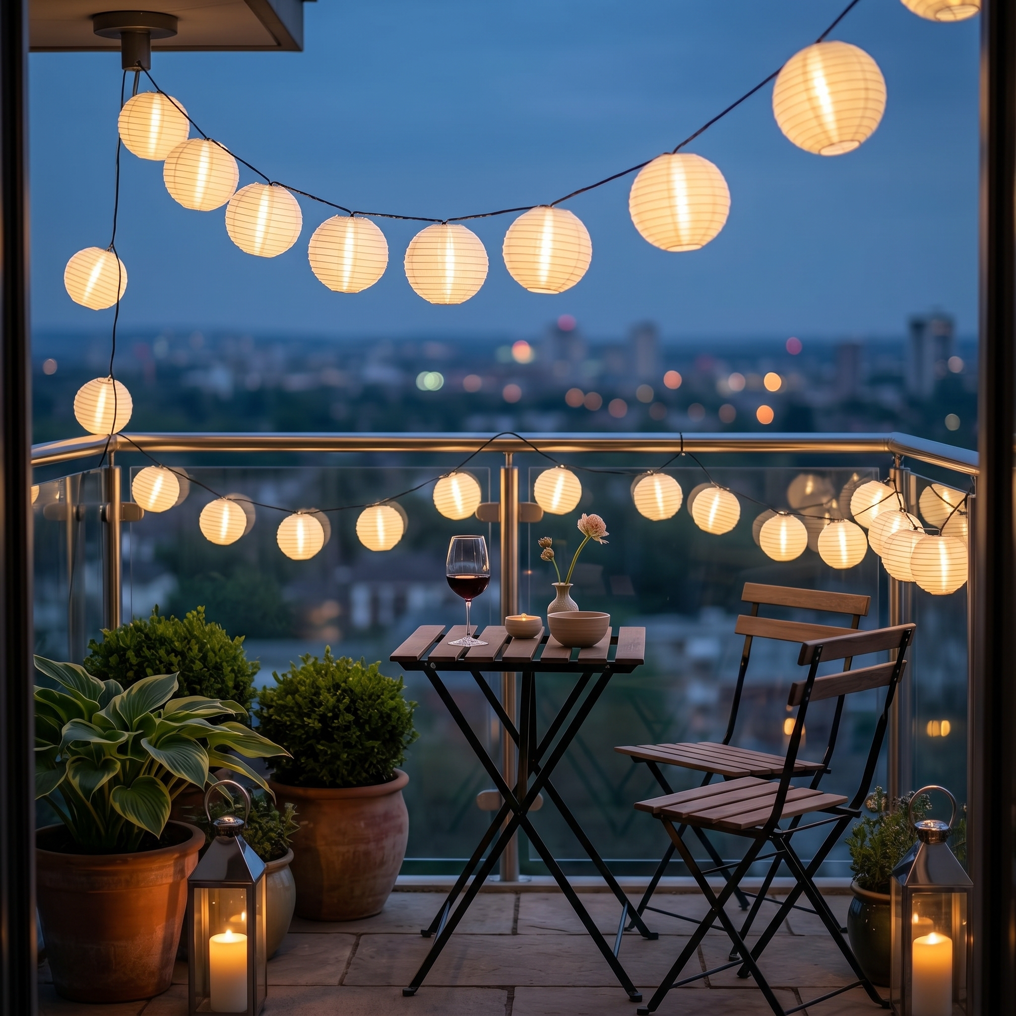 Serenata White lanterns on a balcony at dusk — lifestyle