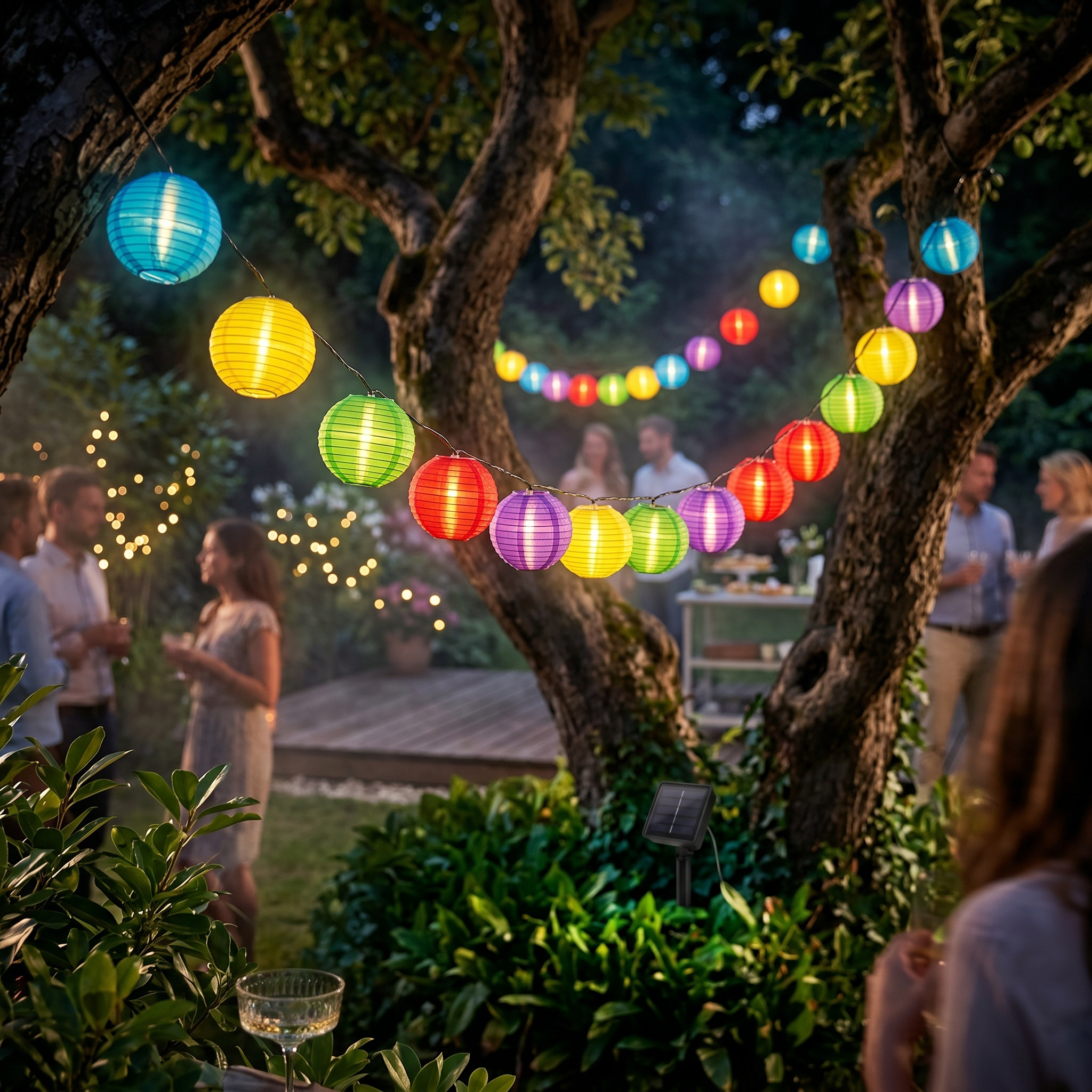 Serenata Colorful lanterns strung between garden trees — lifestyle