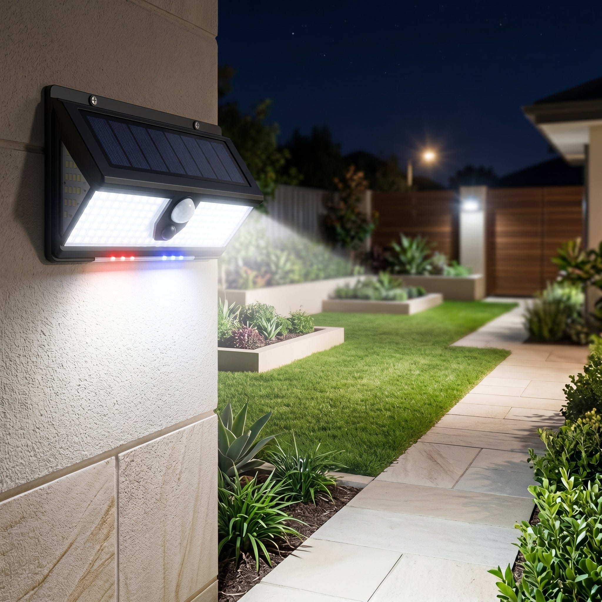 Vigilia security light on a backyard wall — lifestyle