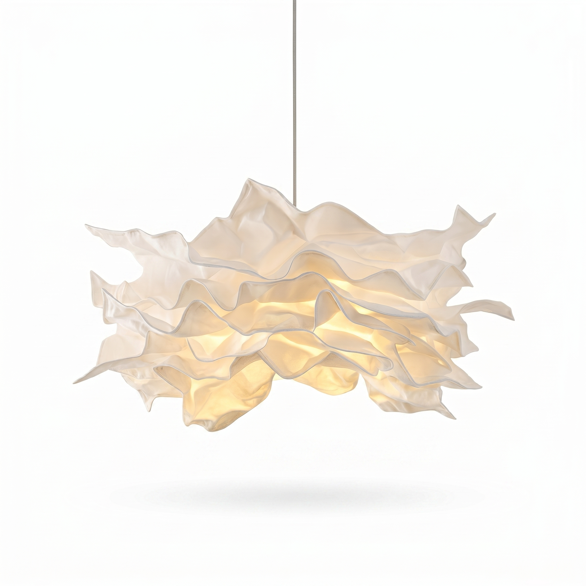 Fiore di Carta origami paper pendant light glowing warm white on a pure white background