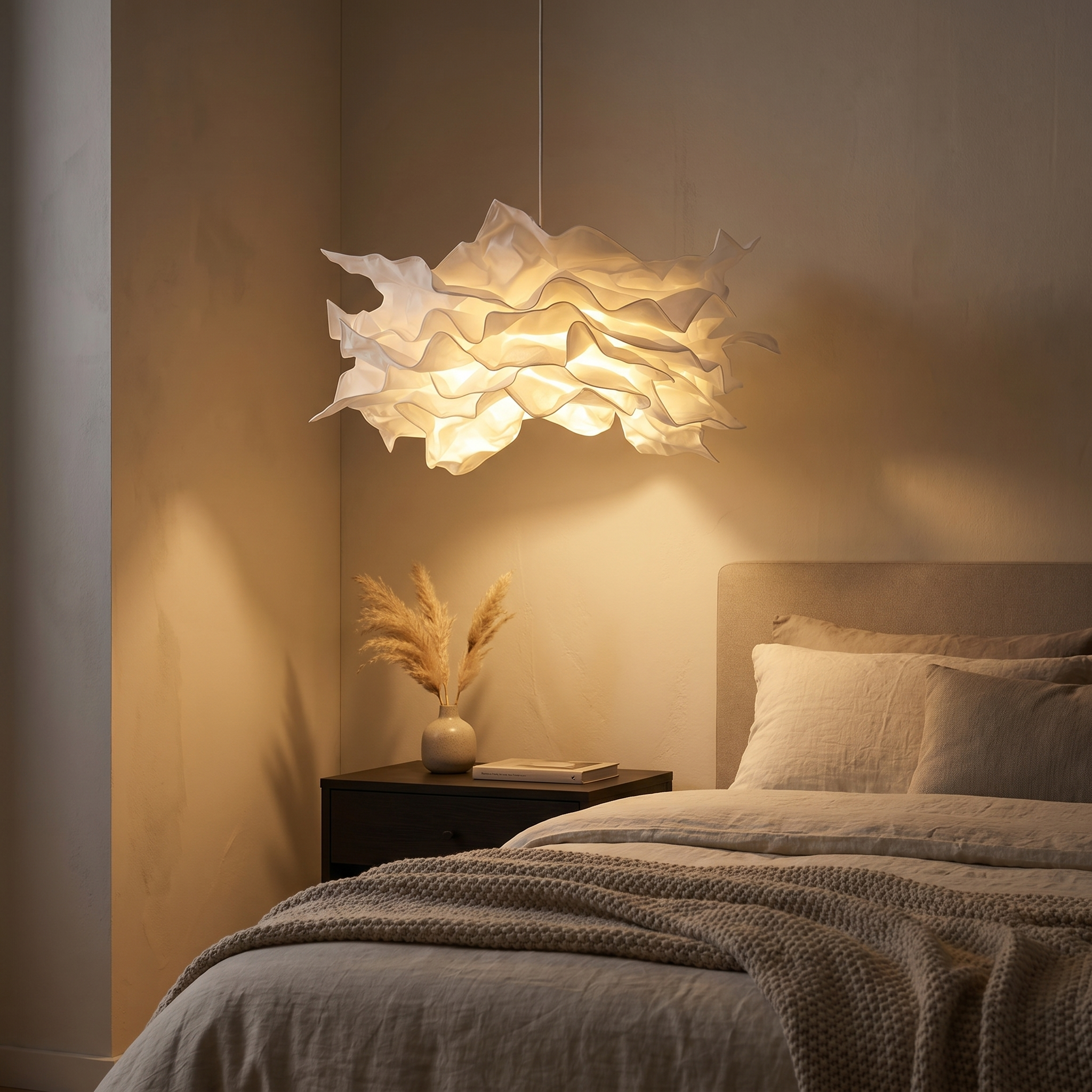 Paper flower pendant light glowing softly in a serene modern bedroom
