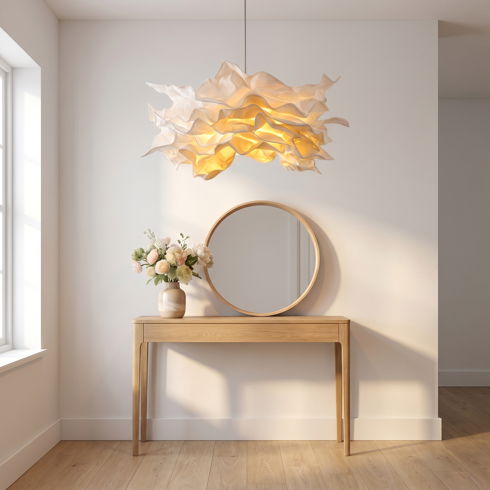Origami paper pendant light in a bright minimalist entryway above a console table