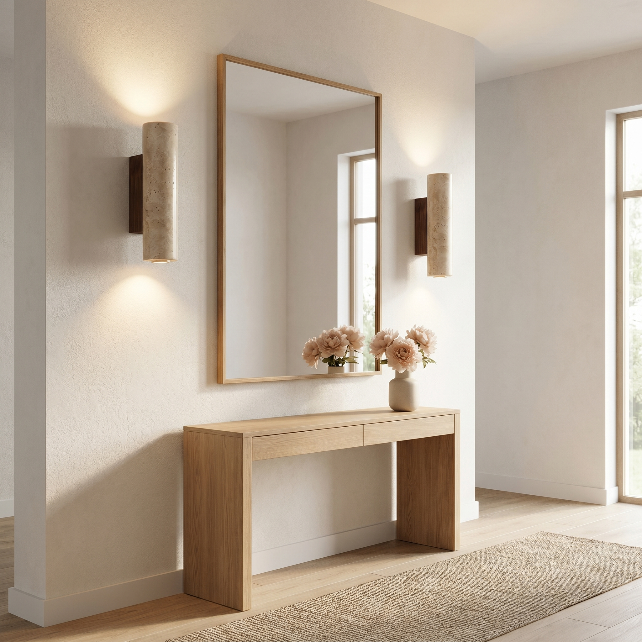 Pair of travertine wall sconces flanking a mirror in a modern entryway