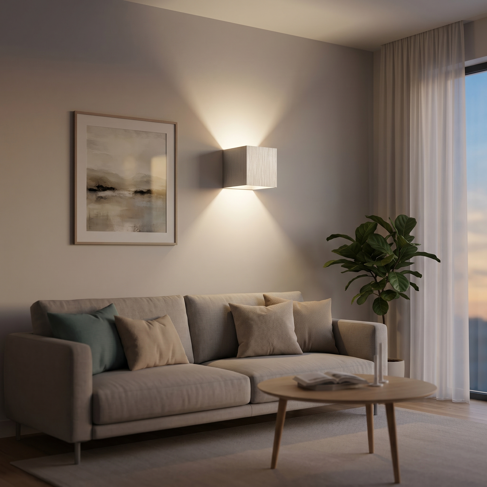 Silver cube wall light casting warm up and down light in a modern living room