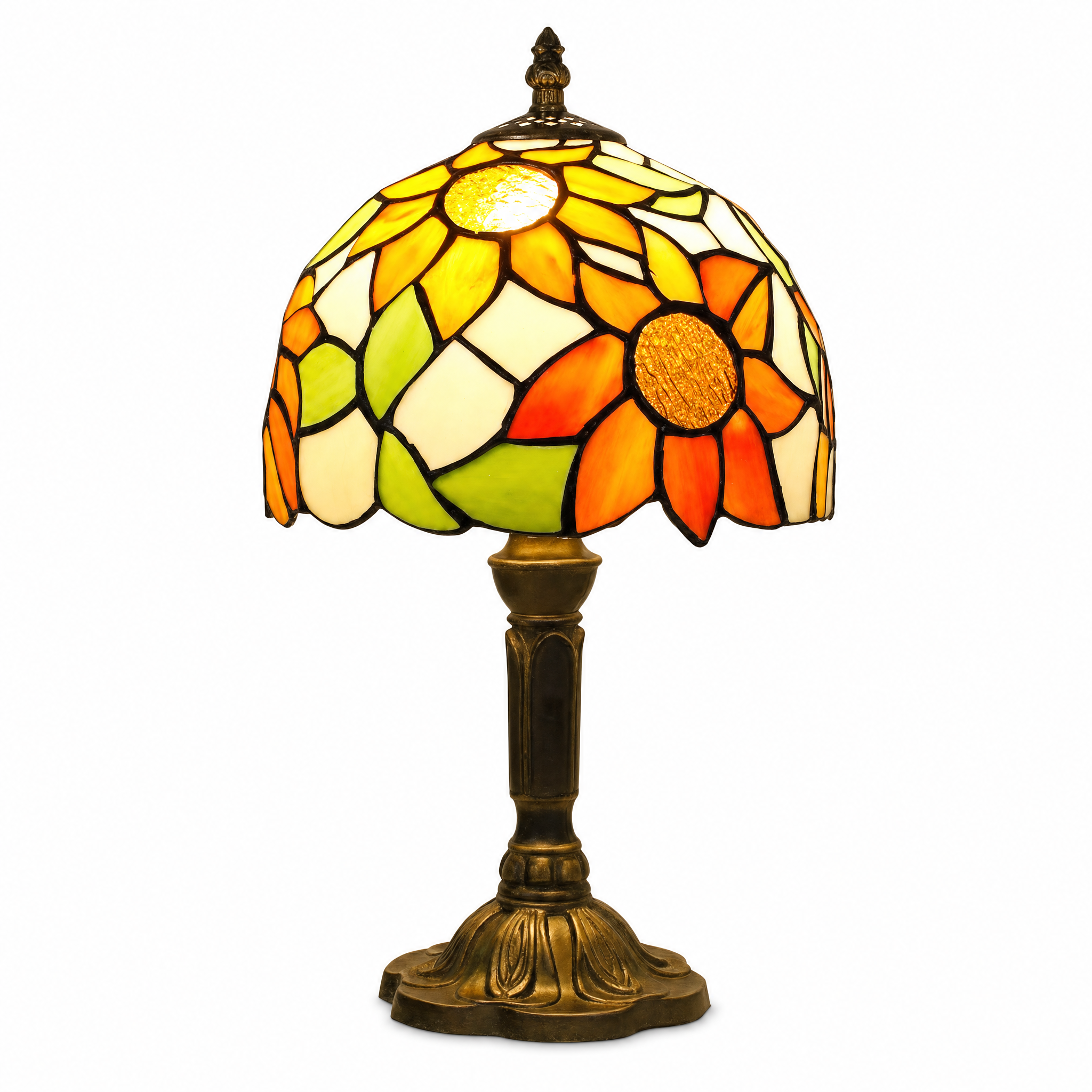 Fiori di Vetro stained glass table lamp — Sunflower design, warm glowing, on a white background