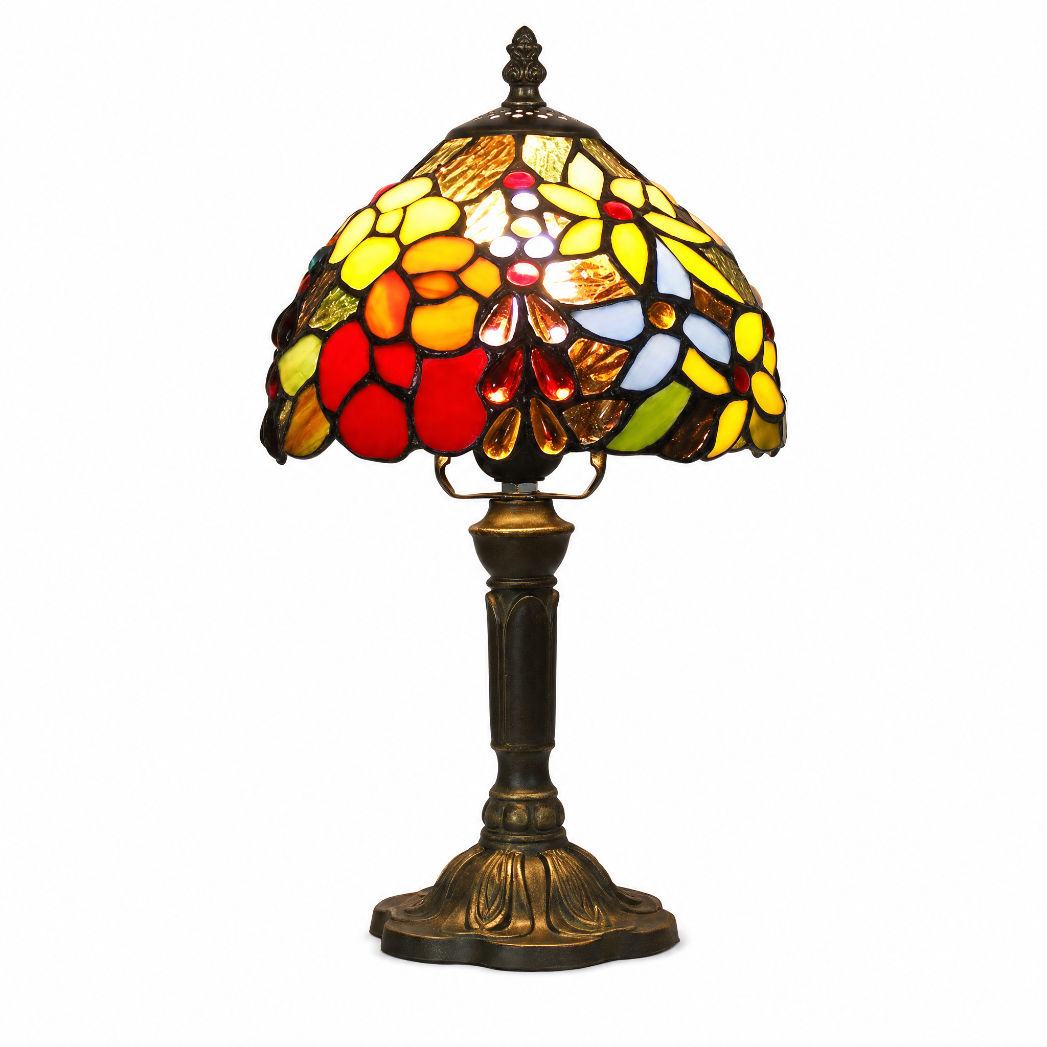 Fiori di Vetro stained glass table lamp — Amber Grapevine design, warm glowing, on a white background