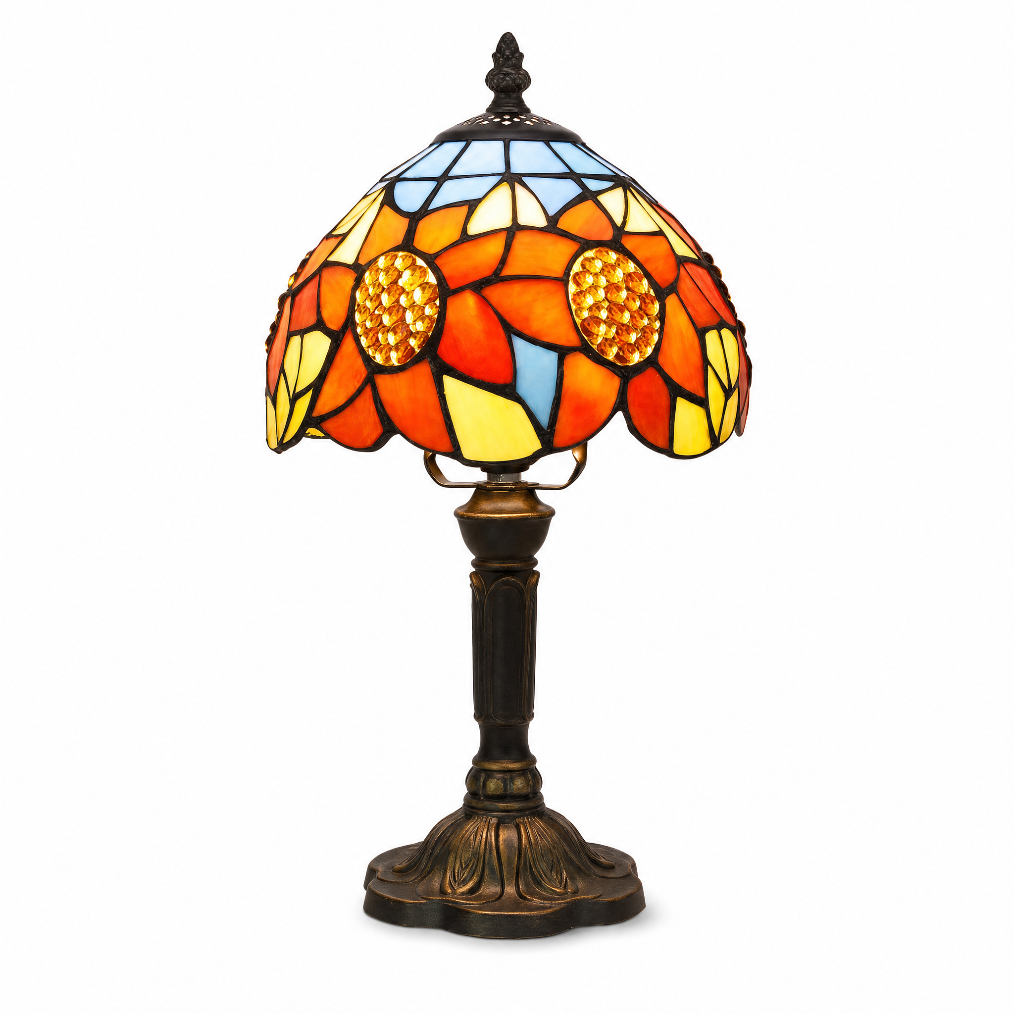 Fiori di Vetro stained glass table lamp — Cobalt Medallion design, warm glowing, on a white background