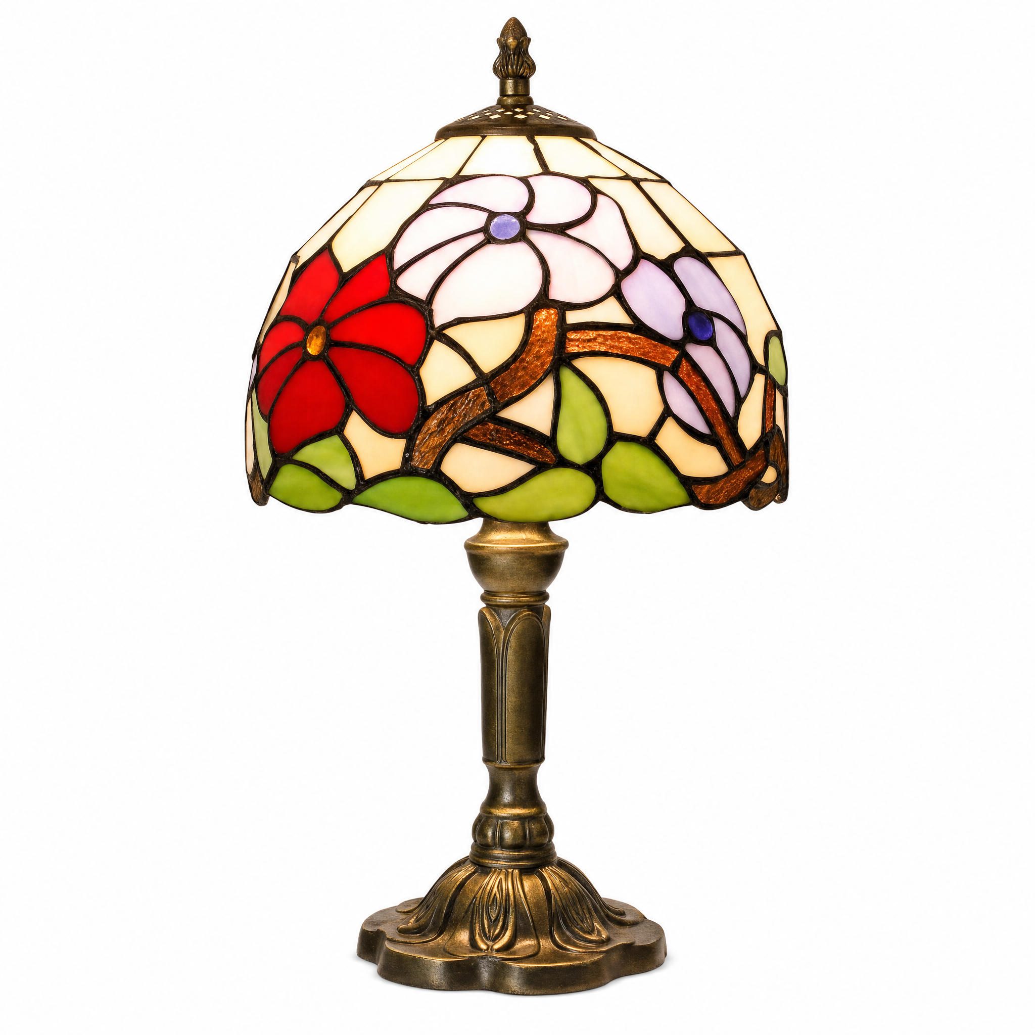 Fiori di Vetro stained glass table lamp — Rose Dragonfly design, warm glowing, on a white background