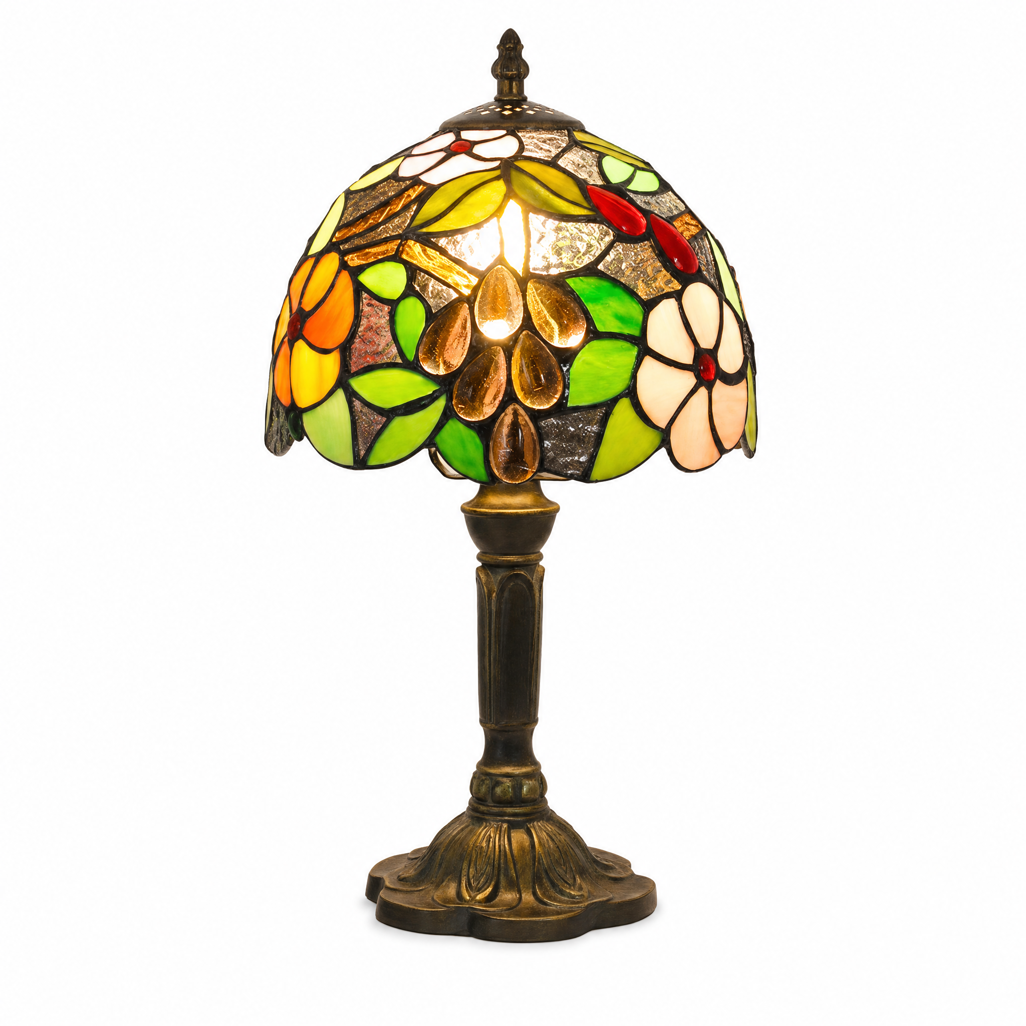 Fiori di Vetro stained glass table lamp — Garden Dragonfly design, warm glowing, on a white background