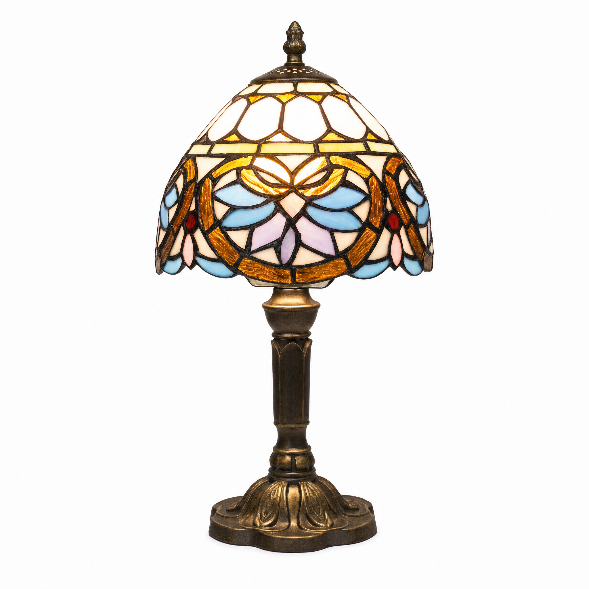 Fiori di Vetro stained glass table lamp — Azure Lattice design, warm glowing, on a white background