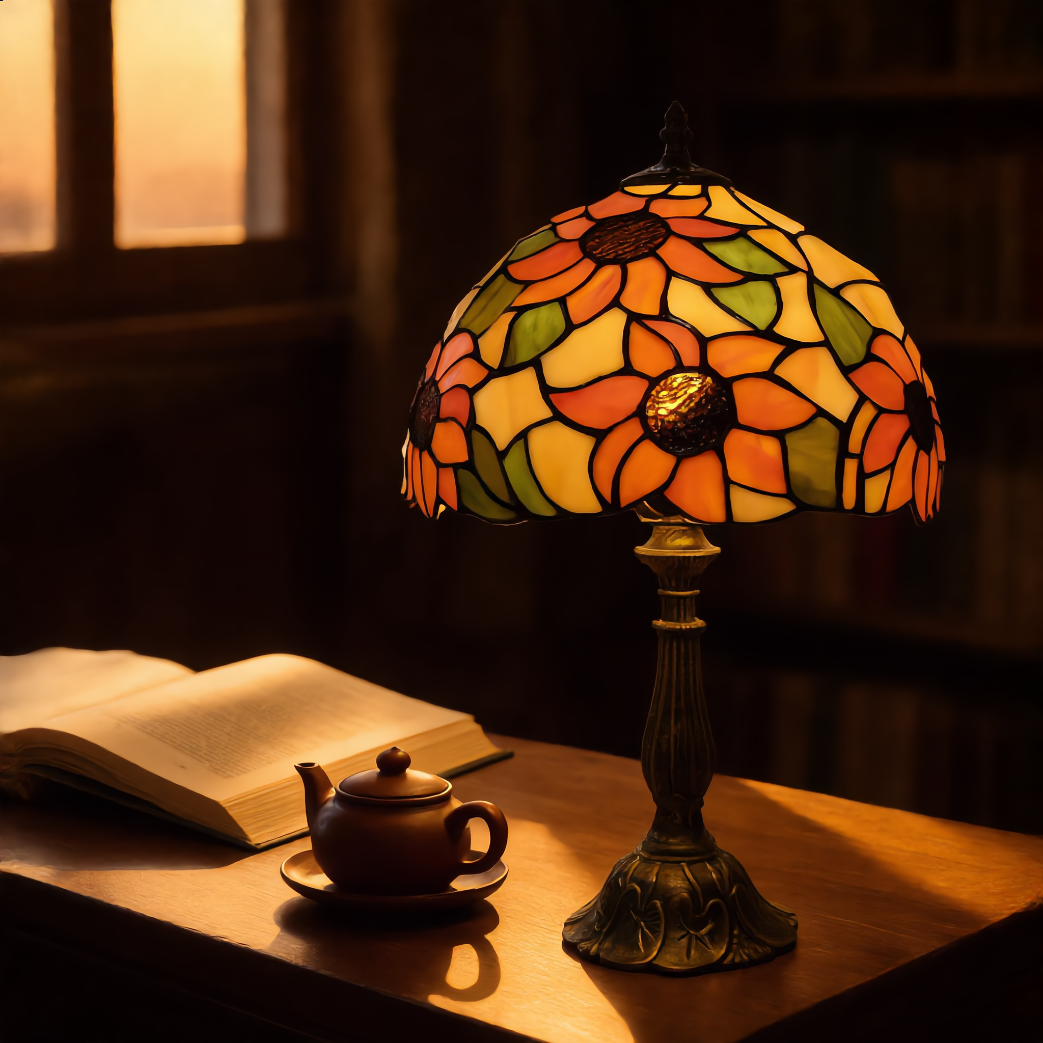 Stained glass Tiffany lamp glowing warm on a writing desk beside an open book in a cozy study