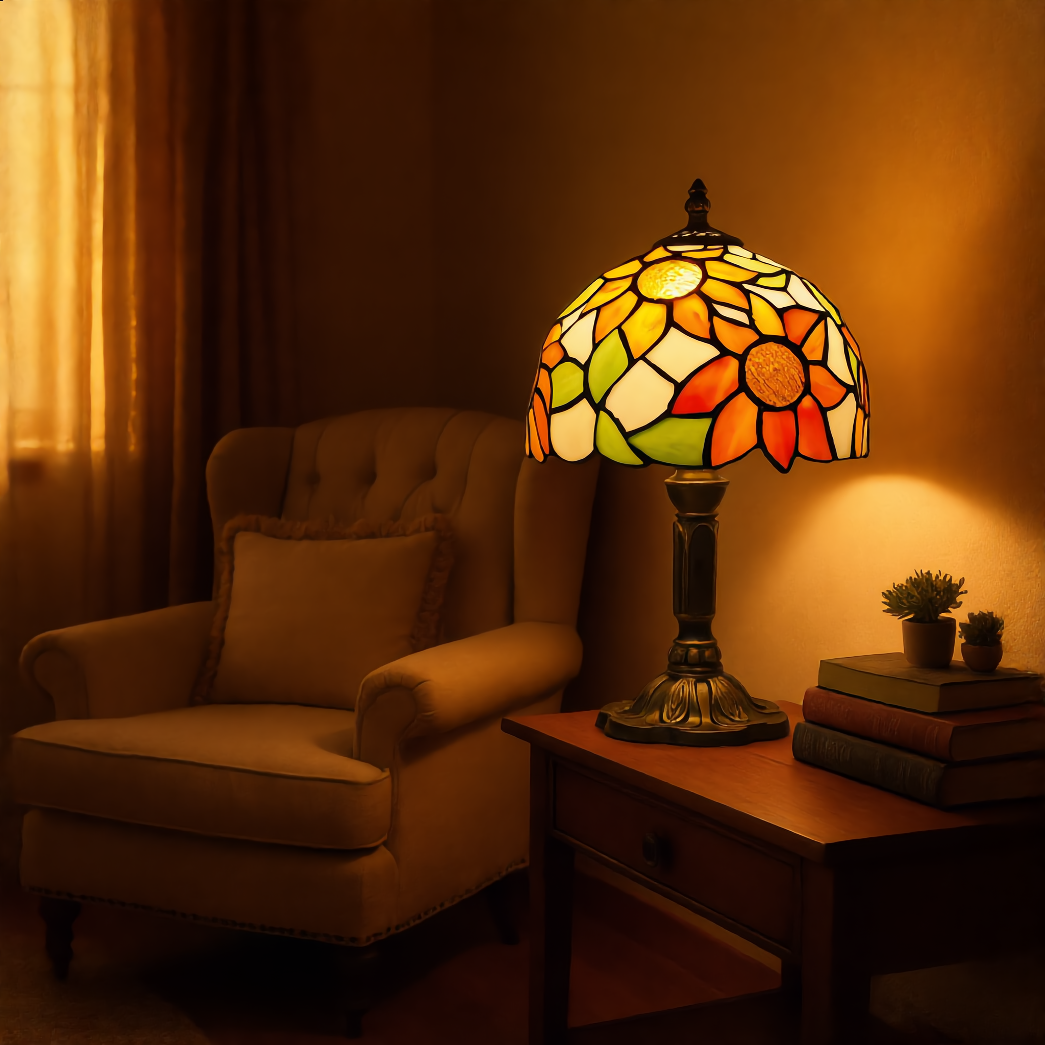 Stained glass Tiffany lamp glowing warm on a side table beside an armchair in a warm living room