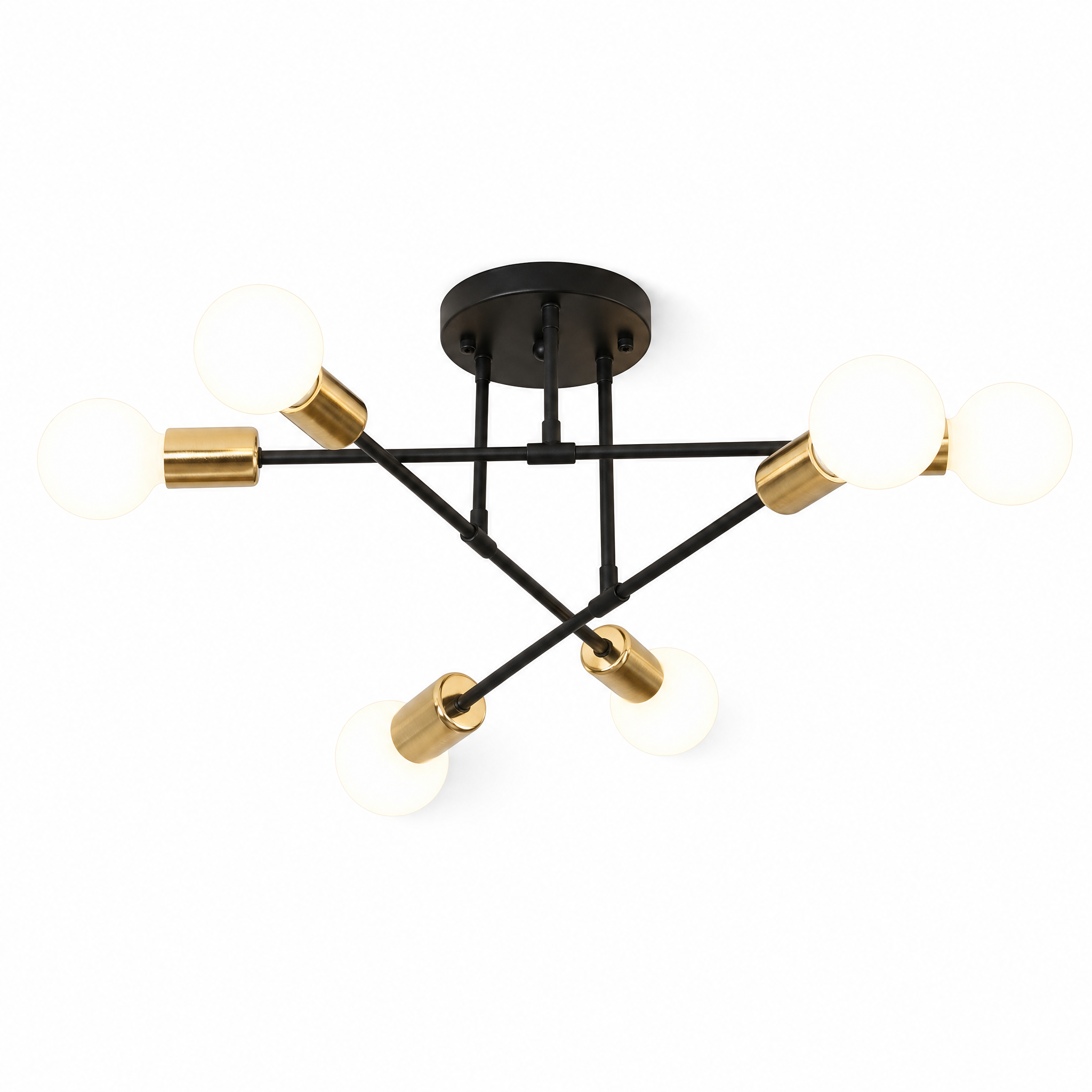 Raggiera Sputnik mid-century ceiling light — Black & Gold finish, glowing, on a white background