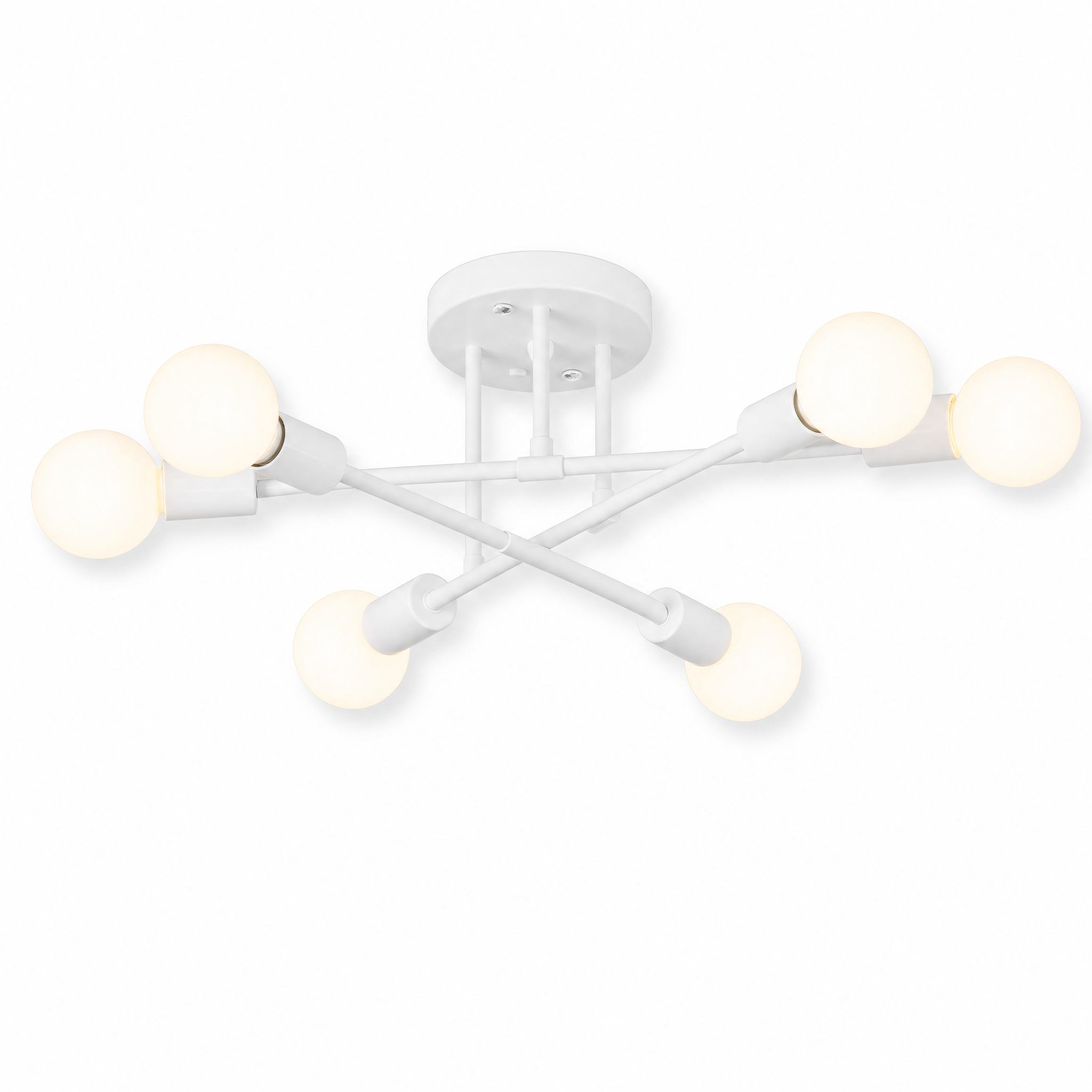 Raggiera Sputnik mid-century ceiling light — White finish, glowing, on a white background