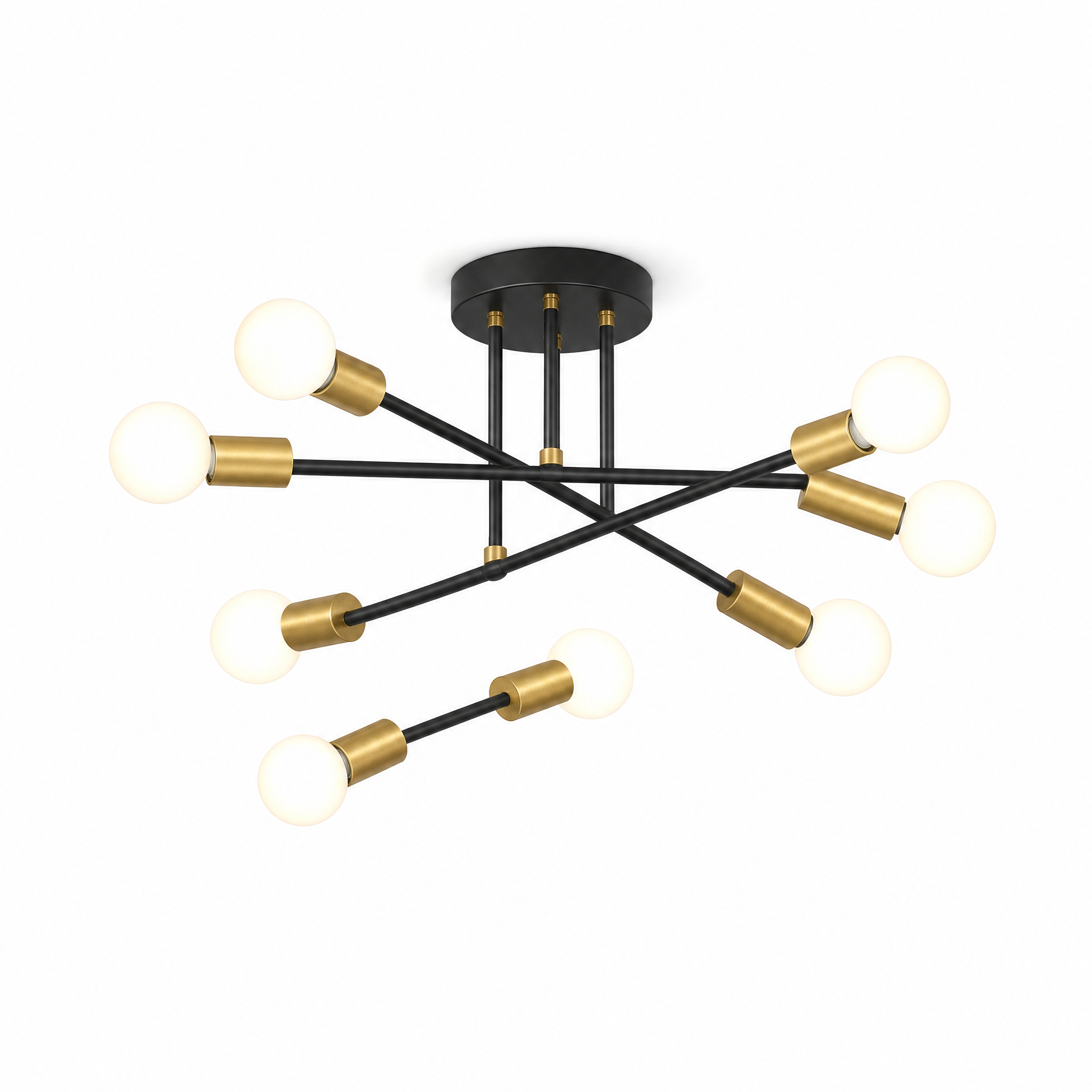 Raggiera Sputnik 8-Light ceiling light — Black & Gold finish, glowing, on a white background