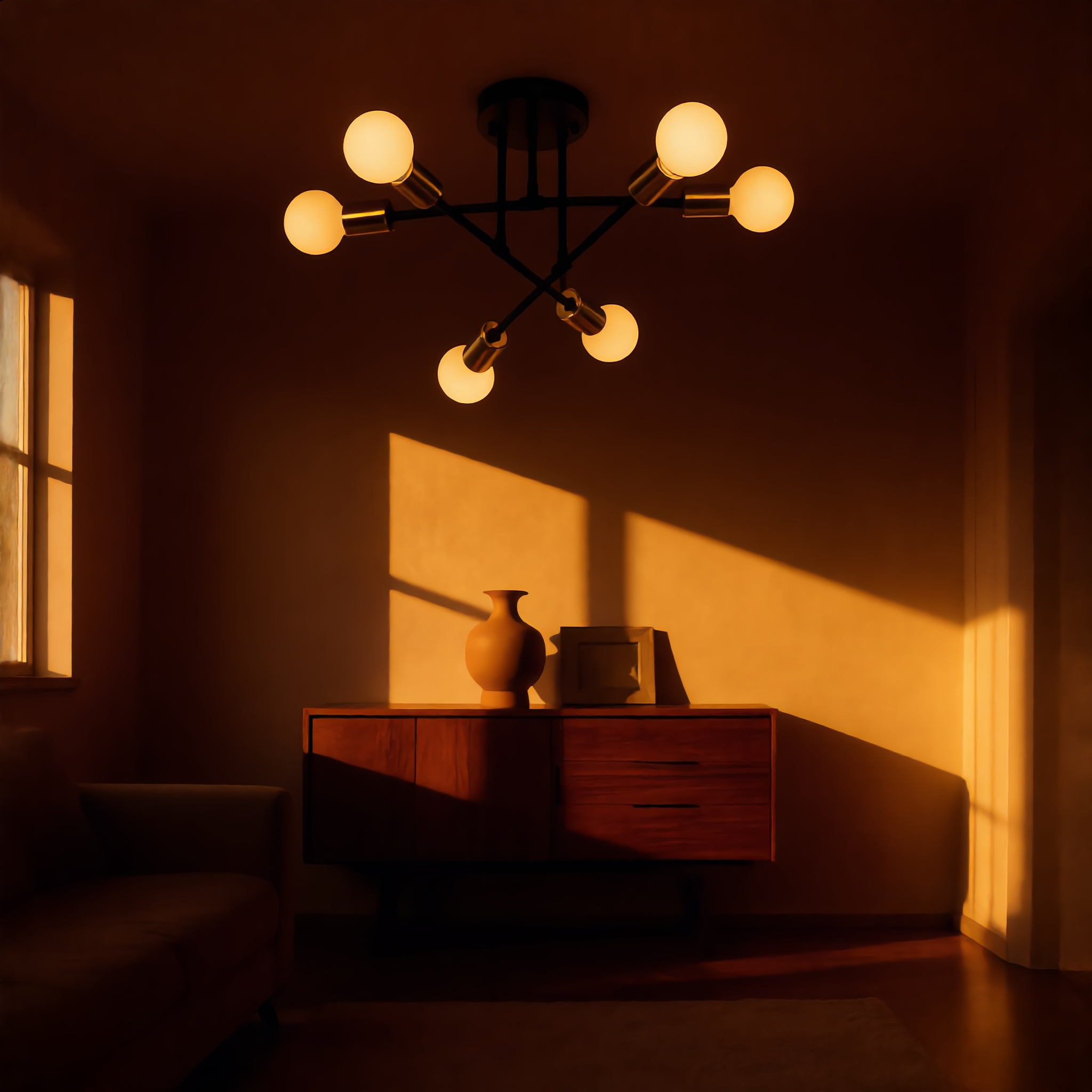 Sputnik ceiling light glowing in a golden-hour mid-century living room with a walnut credenza
