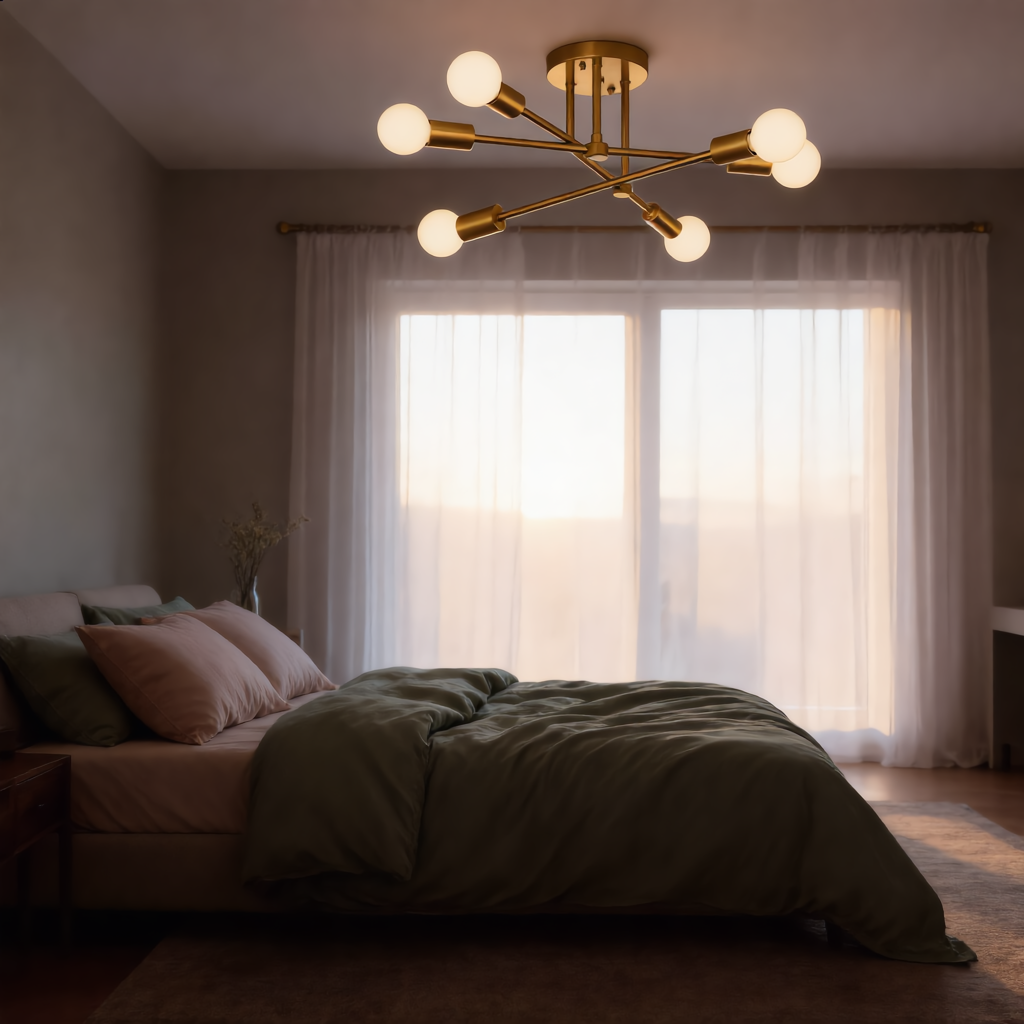 Gold Sputnik ceiling light glowing at dawn above a serene sage-toned modern bedroom